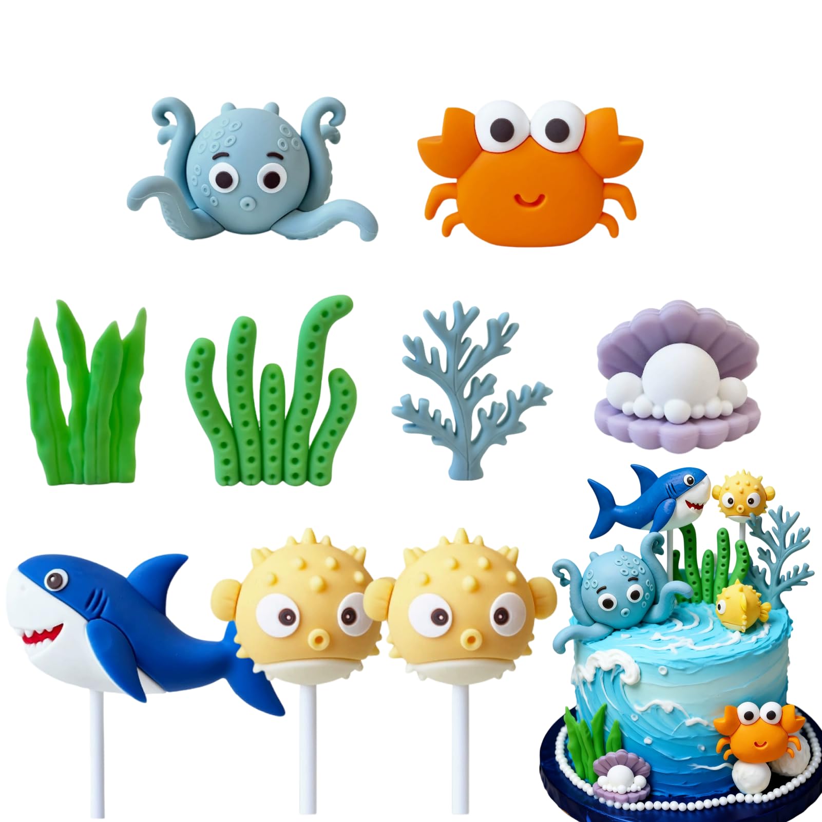 Under the Sea Ocean Birthday Cake Decorations Set - 3D Sea Creature Cake Toppers for Baby Shower & Nautical Theme Party
