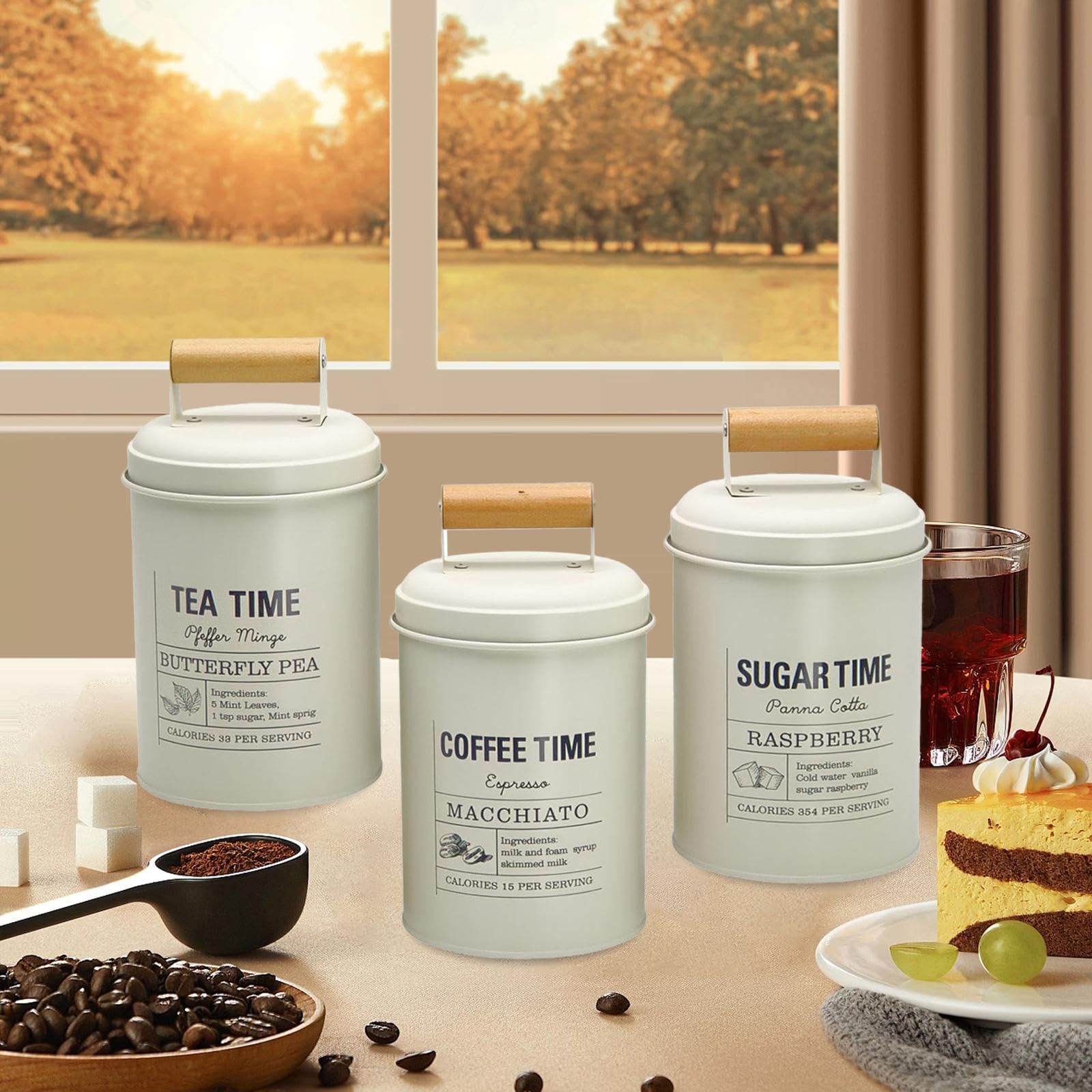Generic 3 Pezzi Contenitori Da Cucina in Metallo, Decorazioni Versatili, Lattine Salvaspazio, Contenitori per Caffè, Tè E Zucchero per Piano di Lavoro, Casa C