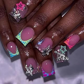Press on Nails Duck Shaped Glossy Full Cover Acrylic Duck False Nails with Designs Artificial Medium Duck Shaped Fake Nails with Charms Glue ons Fingernails for Women Girls(CC20)
