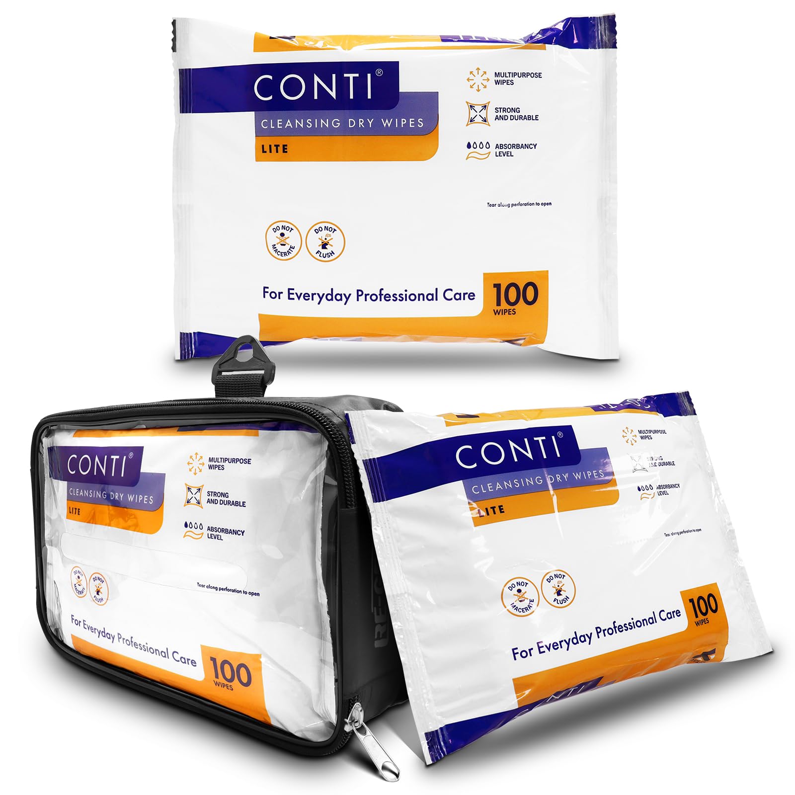 RE-GENFlexPouch Dry Wipe Dispenser & Conti Lite 24x18cm Patient Cleansing Wipes, Single Pack | Professional Personal Care Wipes | Ideal for Care Homes, Hospitals & Home Care | Adult Incontenance Aid