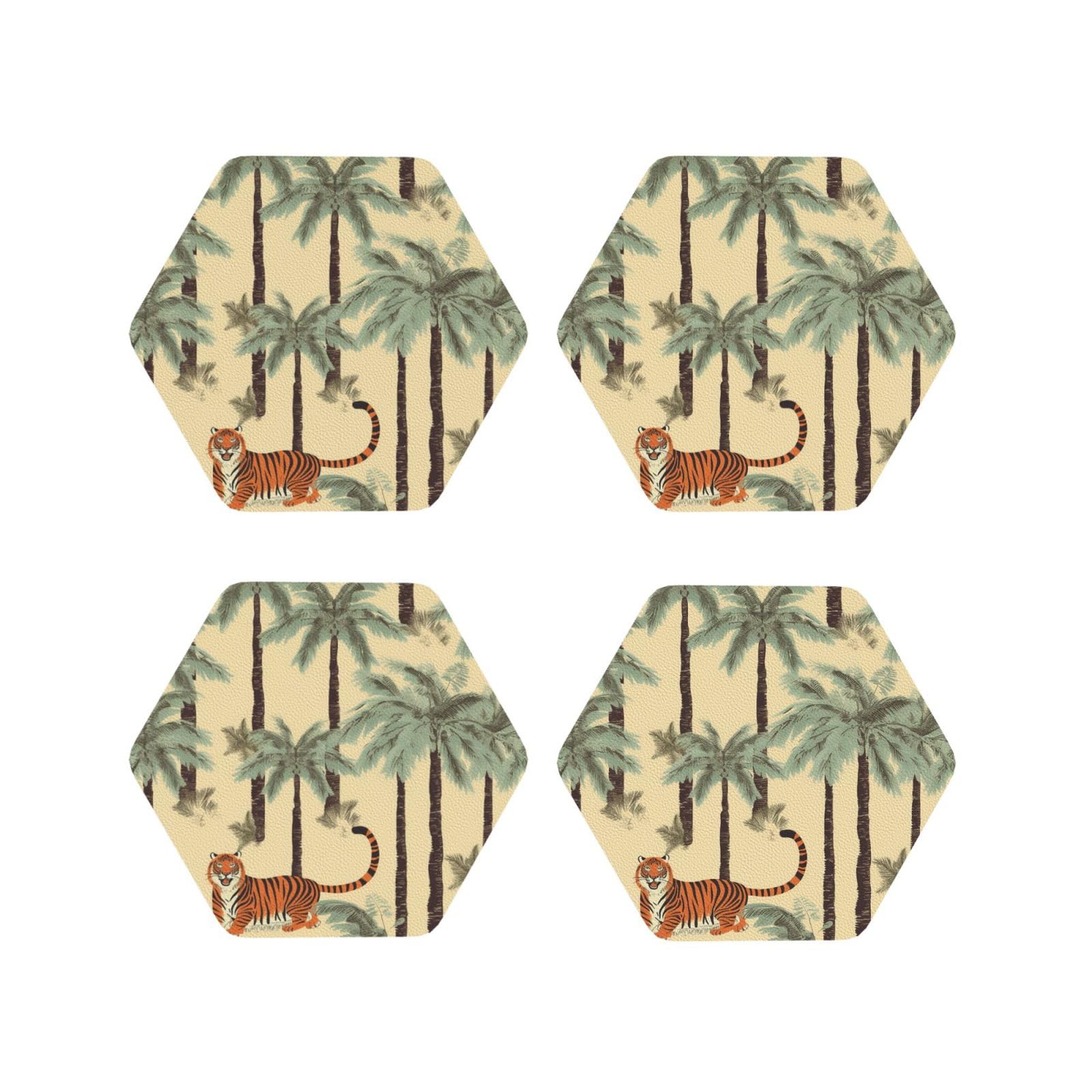 4pcs Drink Coasters for Tabletop Protection, 4" Leather Coasters for Drinks, Palm Trees and Tigers Cup Coasters for Coffee Table Decor, Non-Slip Drinking Cup Mat for Hot Or Cold Drink