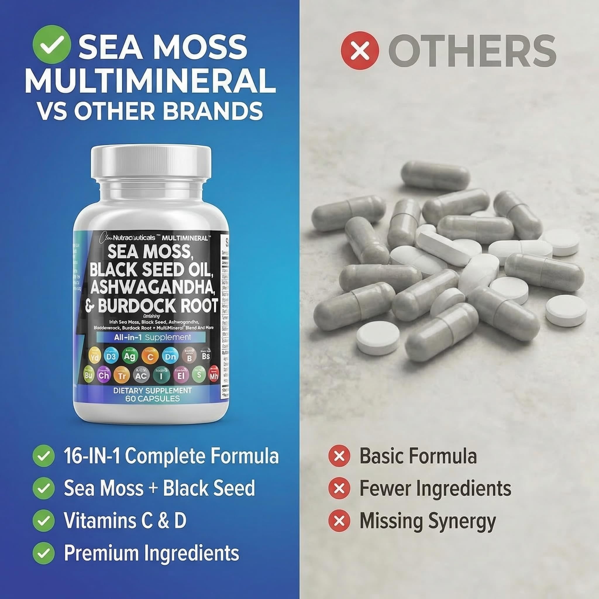Clean Nutraceuticals Sea Moss Black Seed Oil Ashwagandha Turmeric Bladderwrack Burdock & Vitamin C Vitamin D3 with Elderberry Manuka Dandelion Yellow Dock Iodine Chlorophyll ACV — Amazon image 7