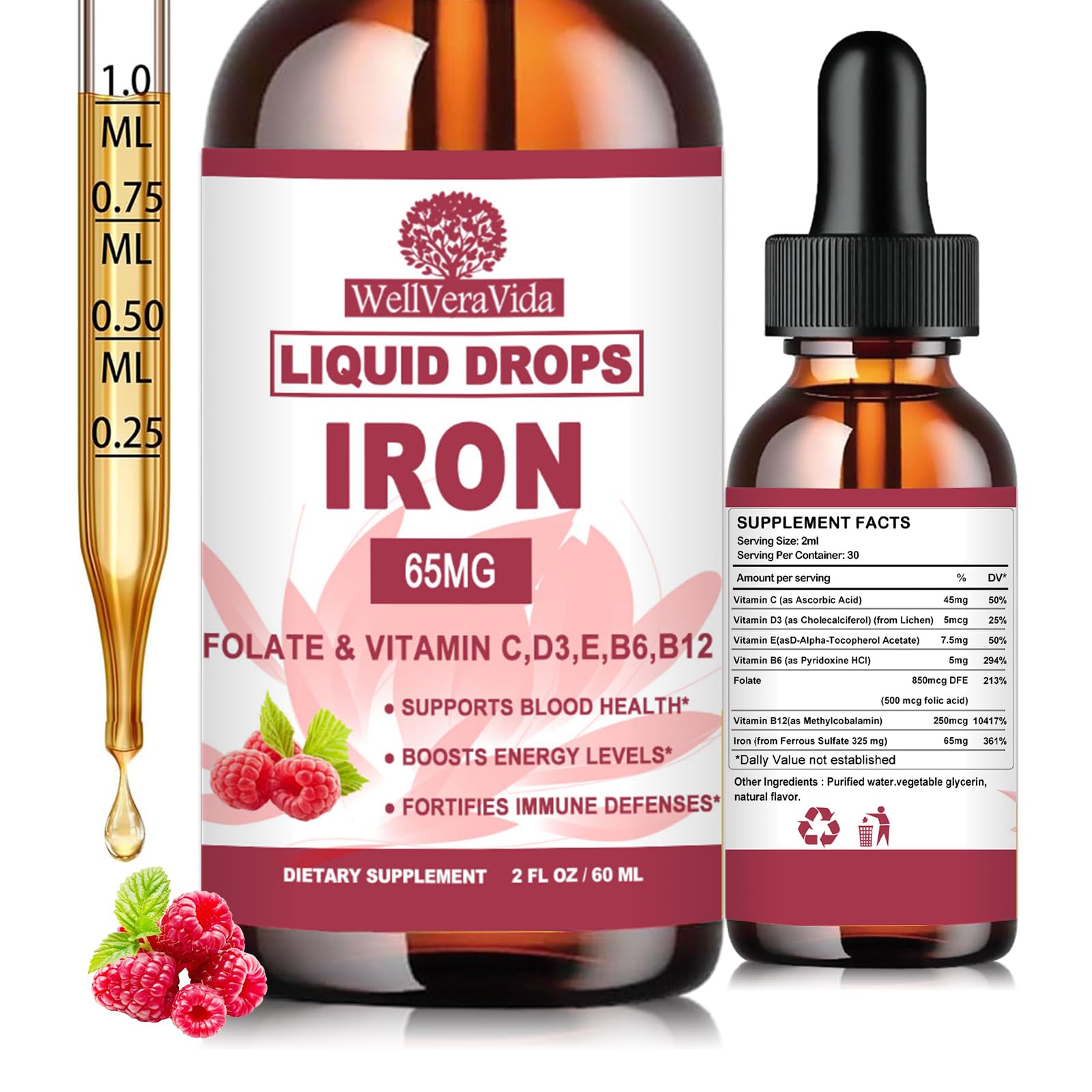 Iron Supplement for Women, Liquid Iron Drops 65mg w. Vitamin C & B Complex