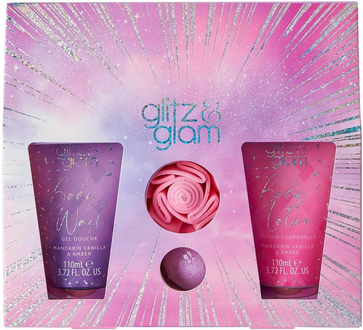 Style & Grace Glitz & Glam Glimmer Gift Set Eco Packaging 110ml Body Wash + 110ml Body Lotion + 80g Bath Fizzer + 1 Shower Flower