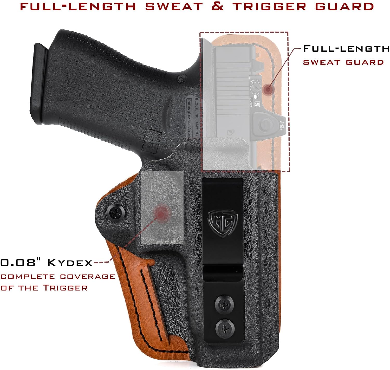 G43/G43X/G48 Right Hand IWB Holster, Black, Kydex Leather Hybrid, Glock 43/43X/43X MOS 9mm Pistol, Red Dot Optics Ready, Clip Attachment