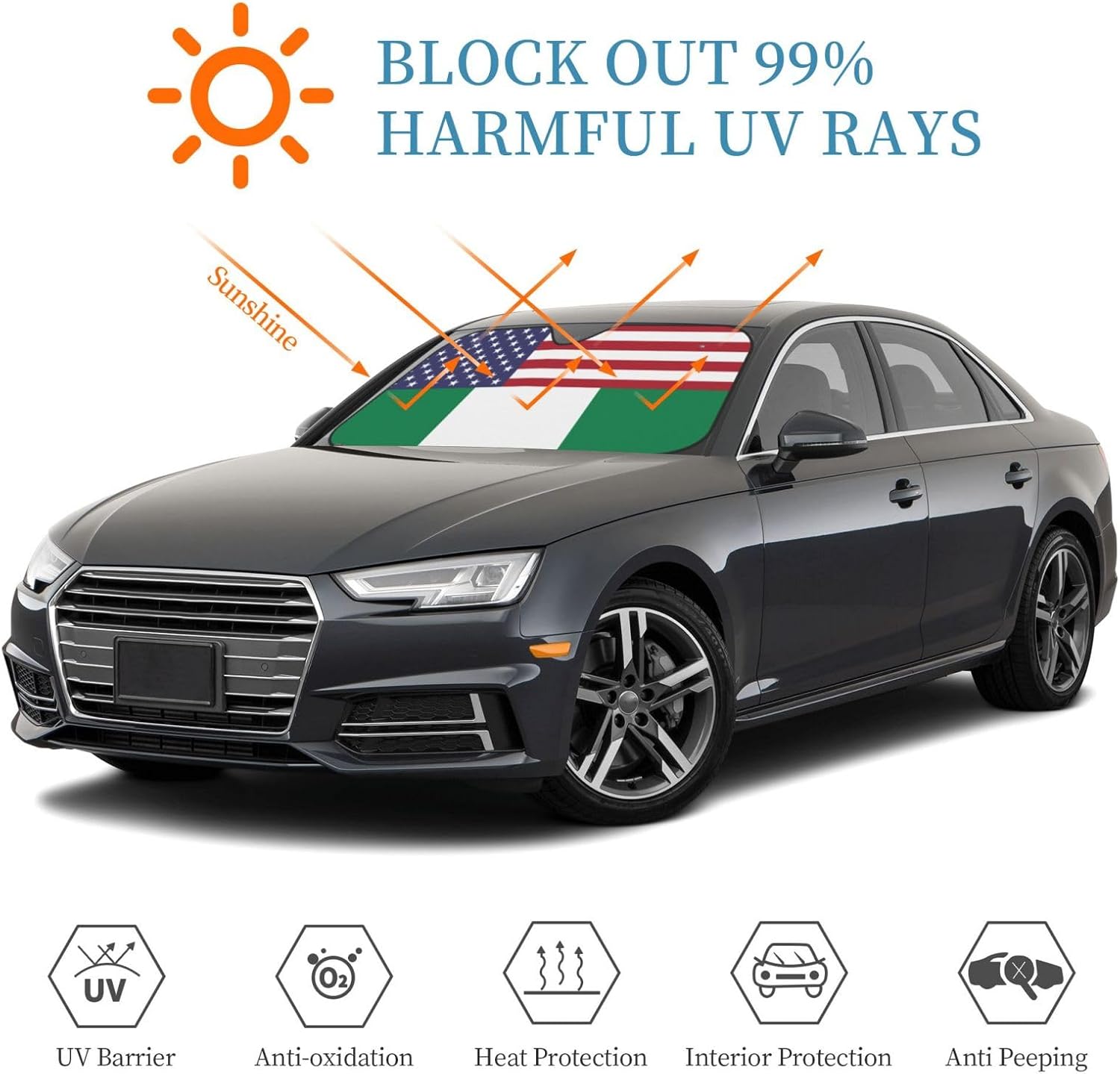 America Nigeria Friendship Flag Foldable Car Windshield Sunshade Blocks Heat and Sun Glare Uv Rays