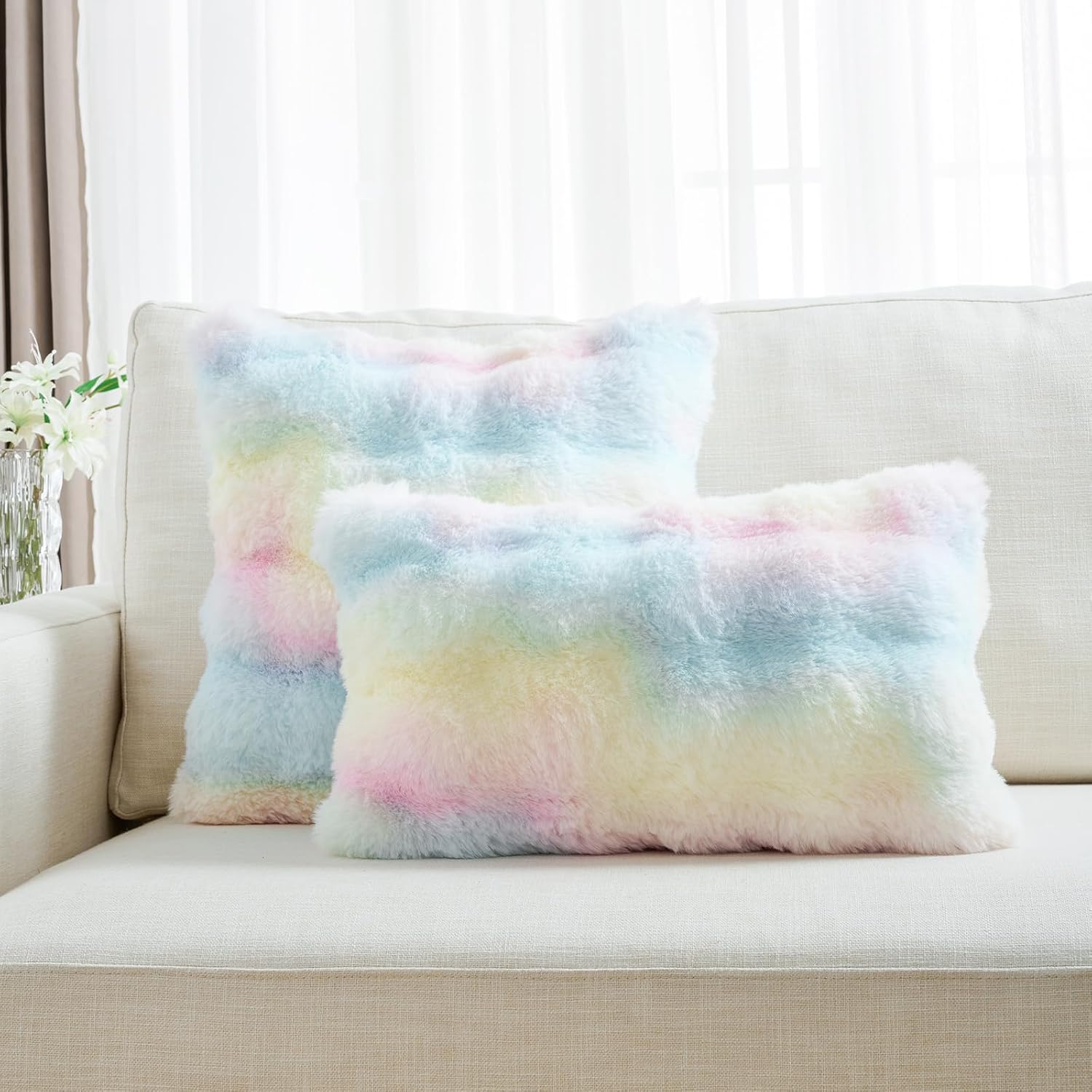 FUTEI Rainbow Decorative Throw Pillow Covers 18x18 Inch Set of 2,Soft Fuzzy Faux Rabbit Fur Cushion Covers with Raised Texture,Neutral Boho Home Decor for Couch Bed Living Room - Image 5