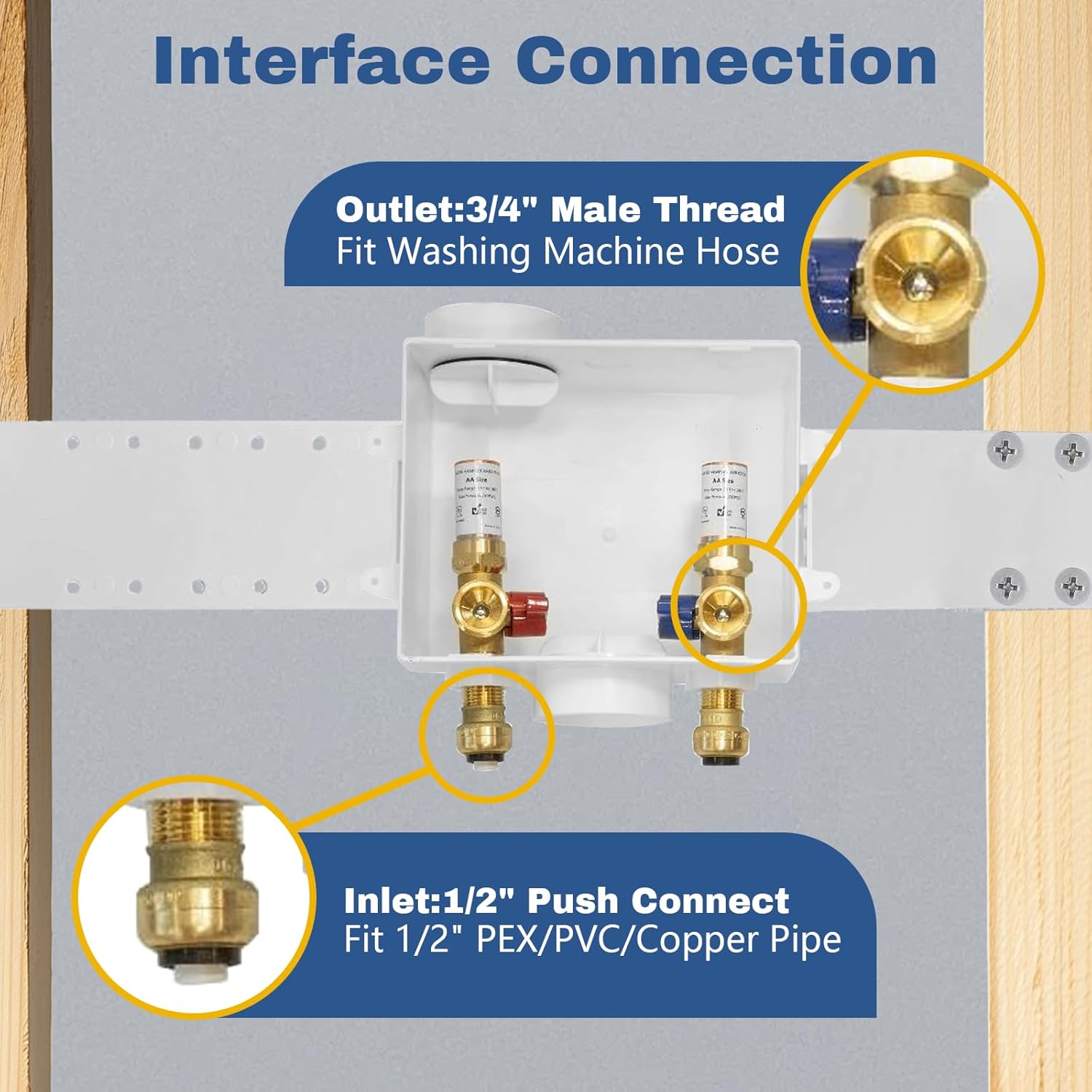 1-PACK GUOFIS Washing Machine Outlet Box with Copper Water Hammer Arrestor, PEX Laundry Washer Box with Central and Side Drain Design(1/2"Push-fit Connection Inlet X 3/4"MHT Outlet)(WM015)