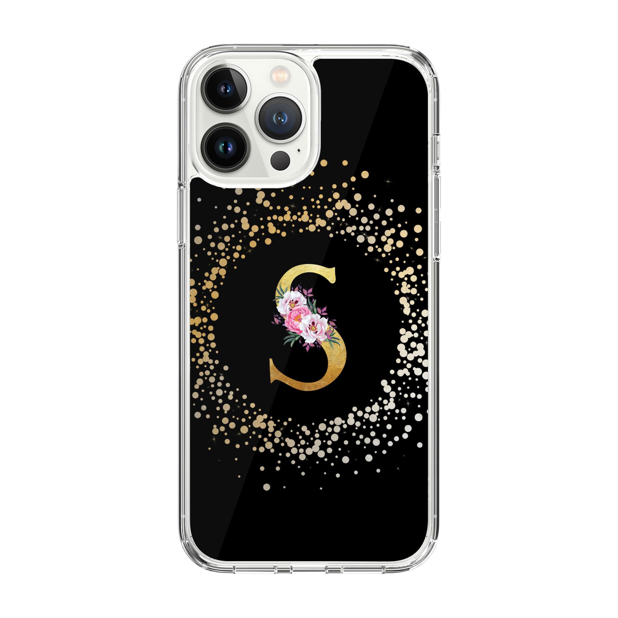 Stylizedd Classic Clear Compatible With iPhone 15 Pro Max, Hybrid Soft Case Flexible Edges Anti Drop TPU PC Gel Thin Cover- Custom Monogram Initial Letter Floral Pattern Alphabet - S (Black)