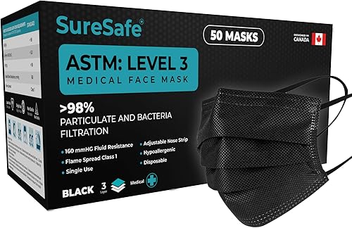 SureSafe 50 PCS ASTM Level-3 Masks Disposable, Black face mask, Medical mask, Disposable Masks with Earloops, dust mask