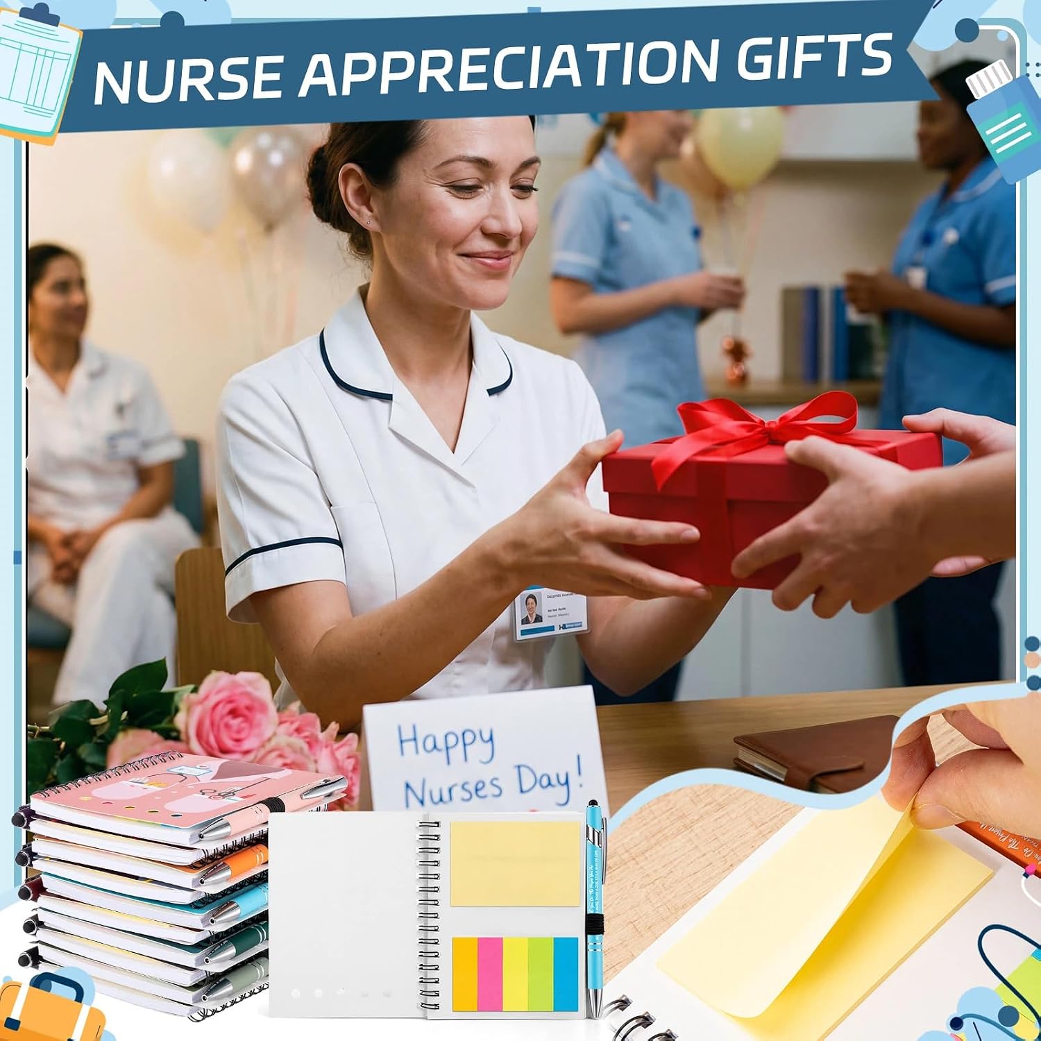 Colarr 10 Sets Nurse Week Appreciation Gift Bulk Employee Inspirational Spiral Notebooks with Sticky Note Notepad Ballpoint Pen Thank You Gifts Team Medical Motivational Journal for Staff(Stylish)