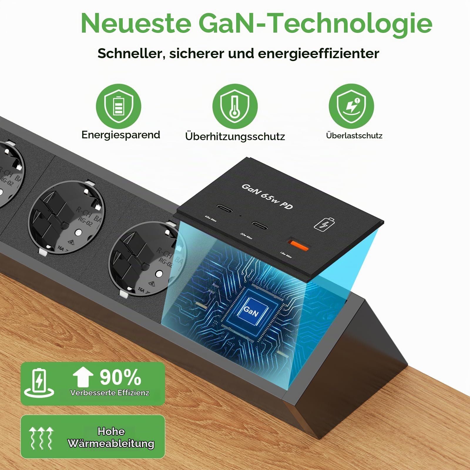 Tischsteckdose mit 2 USB C GaN PD 65W, 3 Fach Steckdosenleiste Schreibtisch 3M Kabel, Aluminum Steckdose Schreibtisch Klemmbar, Tischsteckdose Mehrfachsteckdose für Möbel oder Arbeitsflächen