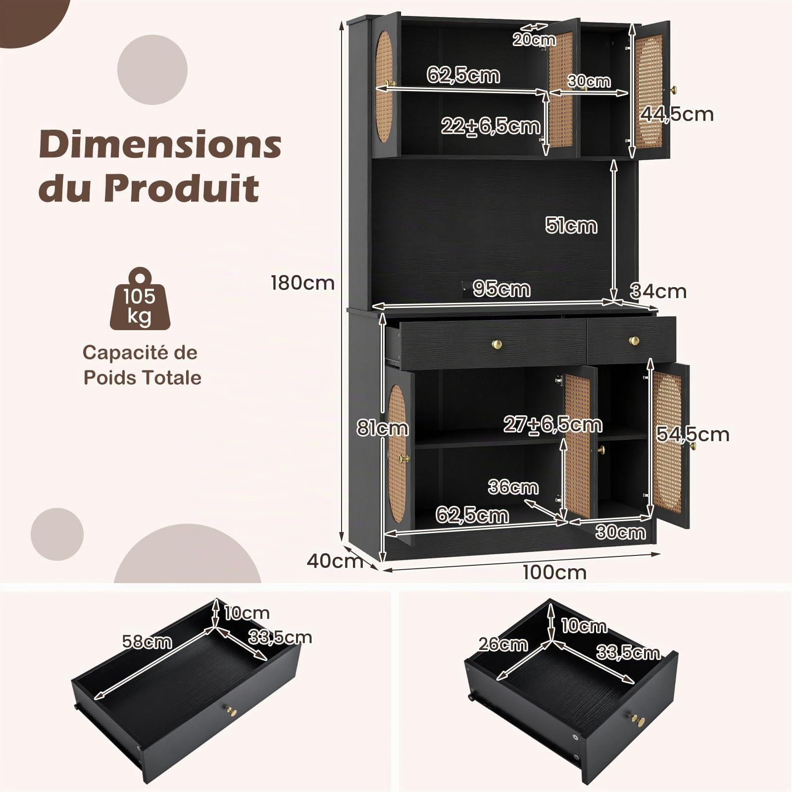 COSTWAY Armoire de Rangement, Buffet avec Vitrine, Station de Recharge, 6 Portes en Rotin, 2 Tiroirs, 4 Étagères Réglables, Buffet Bohème Indépendant pour Salon, Salle à Manger (Noir)