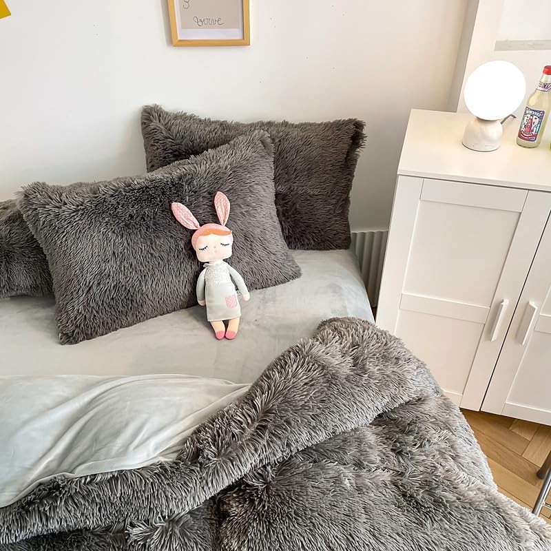Miniatura 7 de chovy Funda de edredón gris de felpa de pelo sintético, tamaño individualmatrimonial, juego de cama de 3 piezas, ultra suave, lanudo de franela de