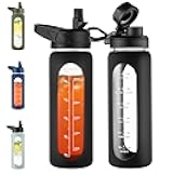 CIVAGO 24 oz Glass Water Bottle with Straw and Handle, Large Sports Motivational Water Bottle Flask with Time Marker and 2 Lids, Leakproof Jug Canteen with Silicone Sleeve for Gym, Black
