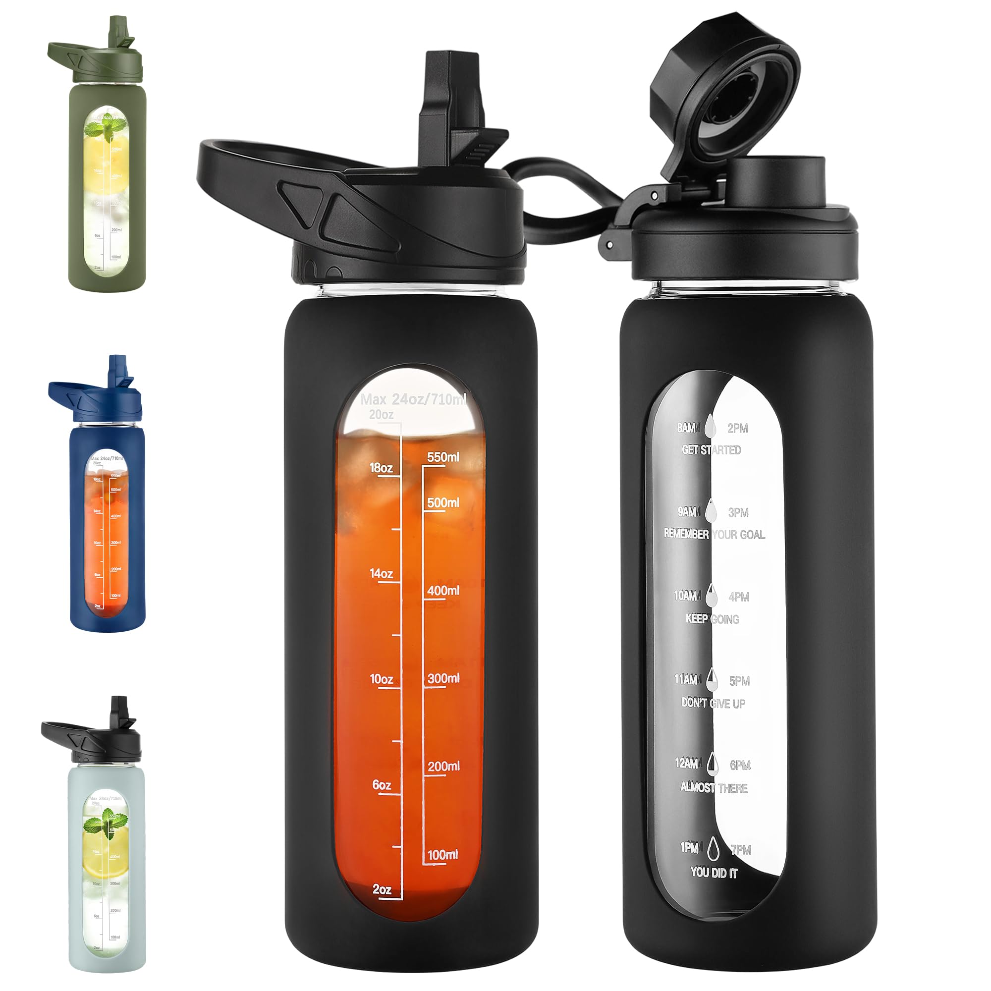 CIVAGO 24 oz Glass Water Bottle with Straw, Large Motivational Water Jug