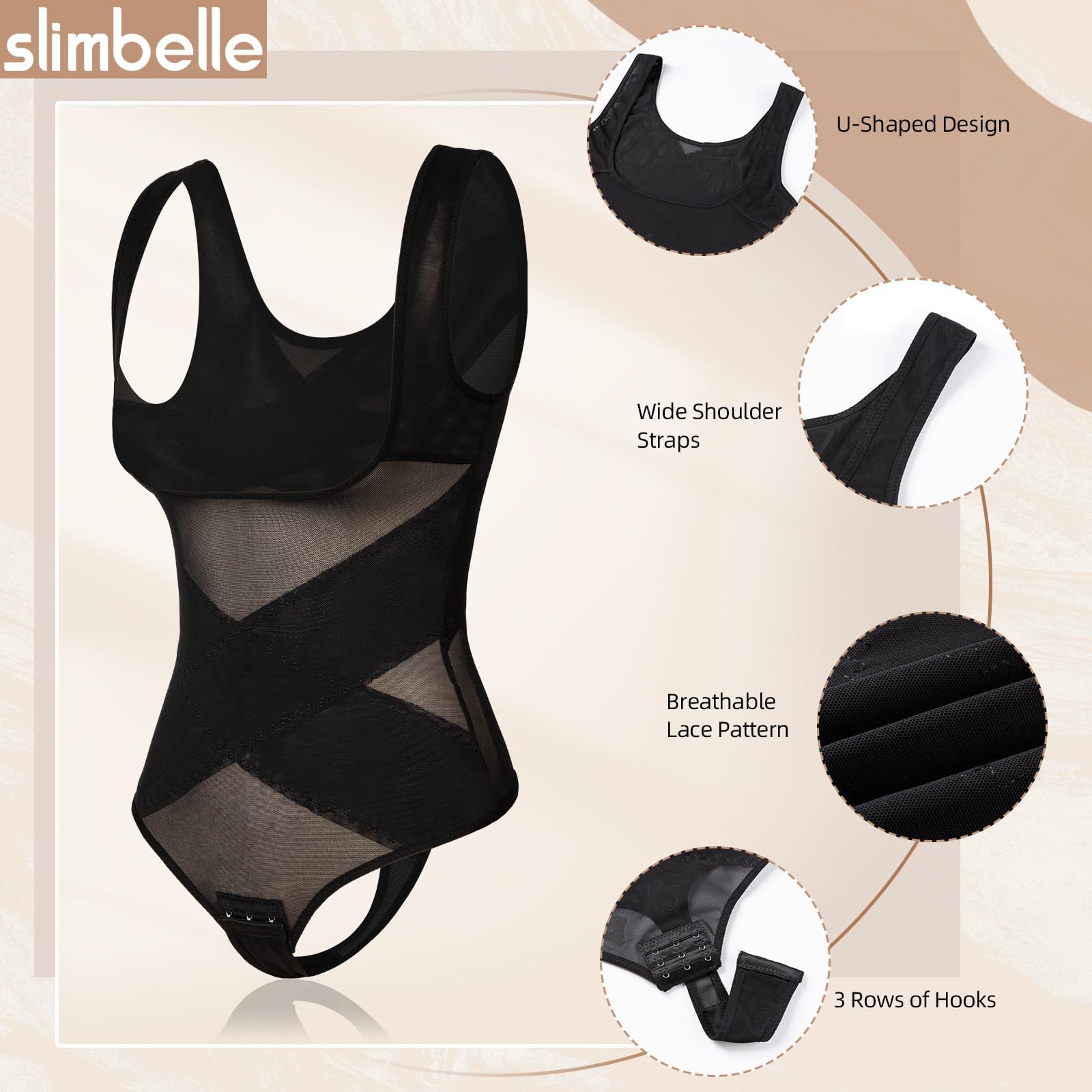 SLIMBELLE Shapewear Damen Bauchweg Nahtlose Body Elastizität Miederbody U-Ausschnitt Figurenformend Shaper