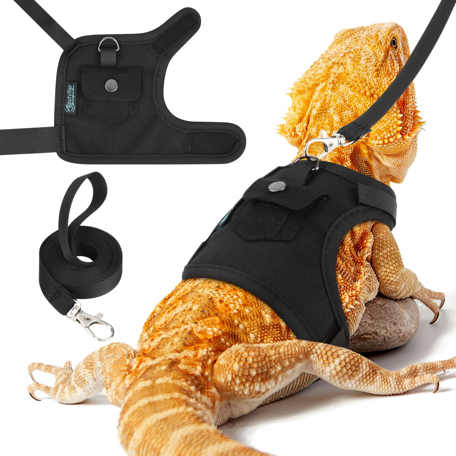 Beautyflier Bearded Dragon Harness and Leash Set, Escape Proof Adjustable Lizard Reptiles Harness, Small Animal Adjustable Harness Clothes with Pocket