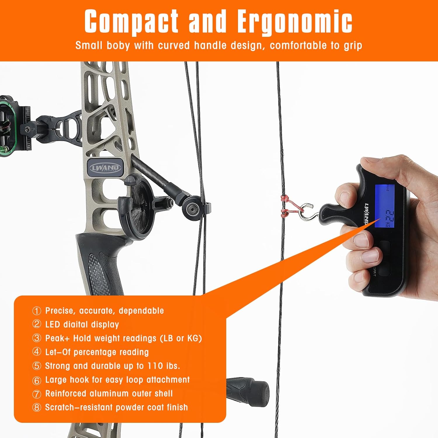 Archery Compound Bow Scale Portable Digital Draw Weight Scale, Accurate Up to 110lbs/50kg, Ideal for Hunters & Archers Compound & Recurve Bows, Lightweight