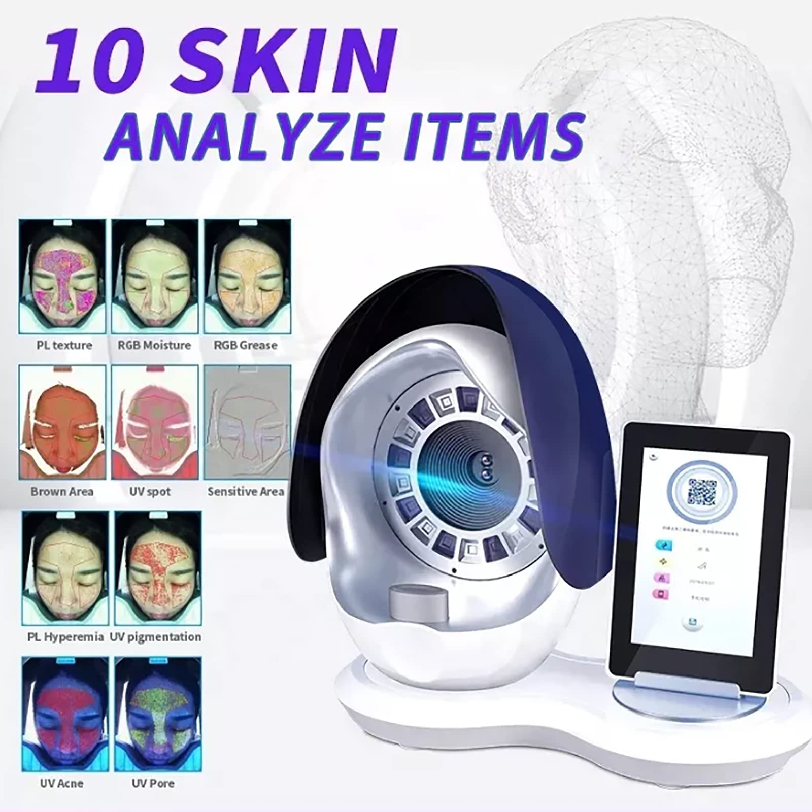 FAXIOAWA Hautanalysator-Feuchtigkeitstester, professionelle 3D-Künstliche Intelligenz, 12 Millionen Dual-Kameras-Gesichtsscanner, 10 Haupthautanalysen/3 Lichtquellen, für Schönheitssalon