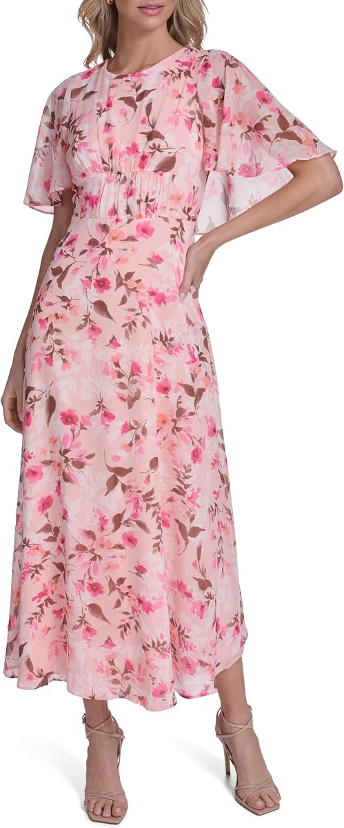 Women's Flutter Sleeve Round Neck Chiffon A-line Midi Dress