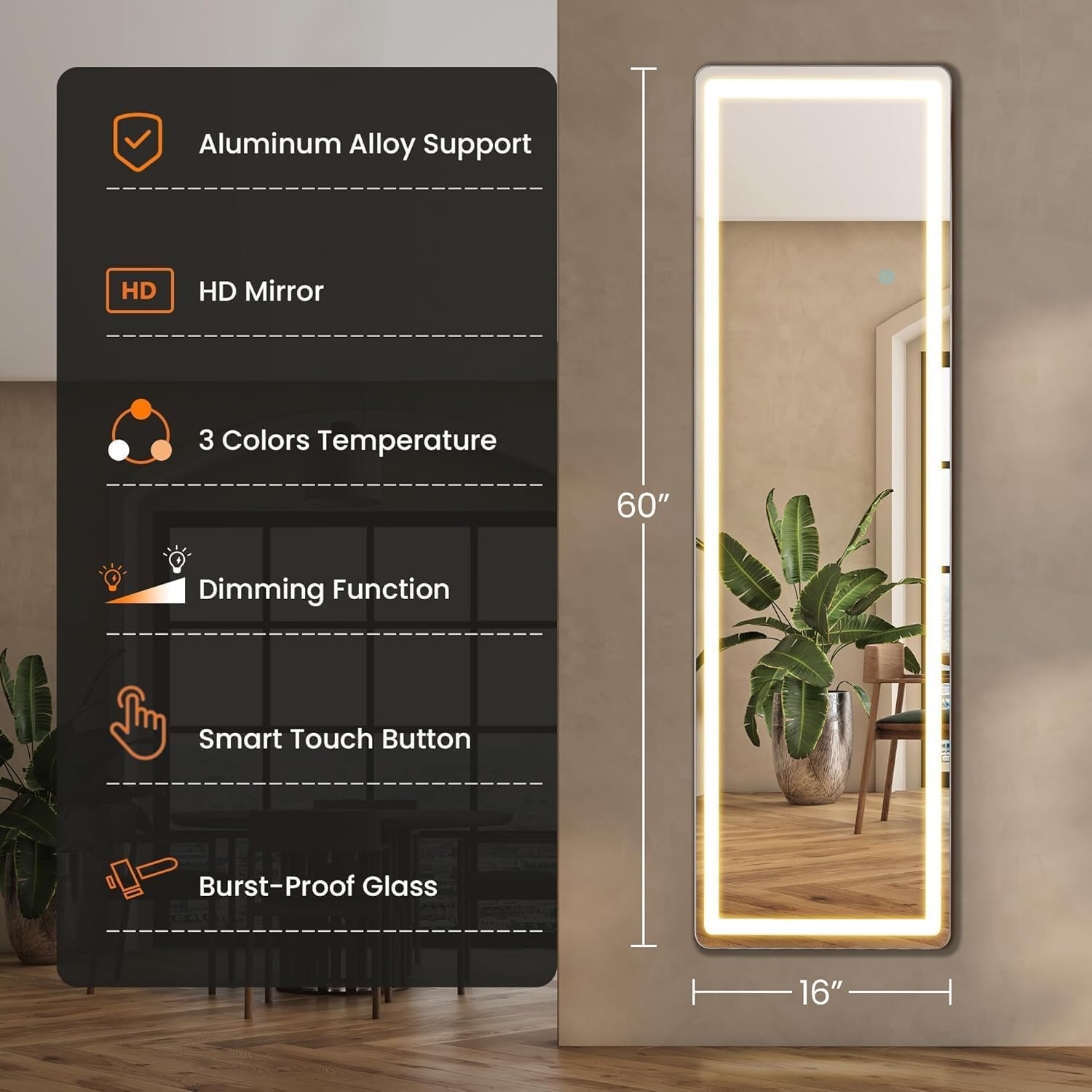 Elevon Full Length Mirror with LED Lights, 60"x16" Floor Mirror with Dimming & 3 Color Lighting, Led Mirrors Full Length with Stand for Bedroom, Dressing Room, Rectangle