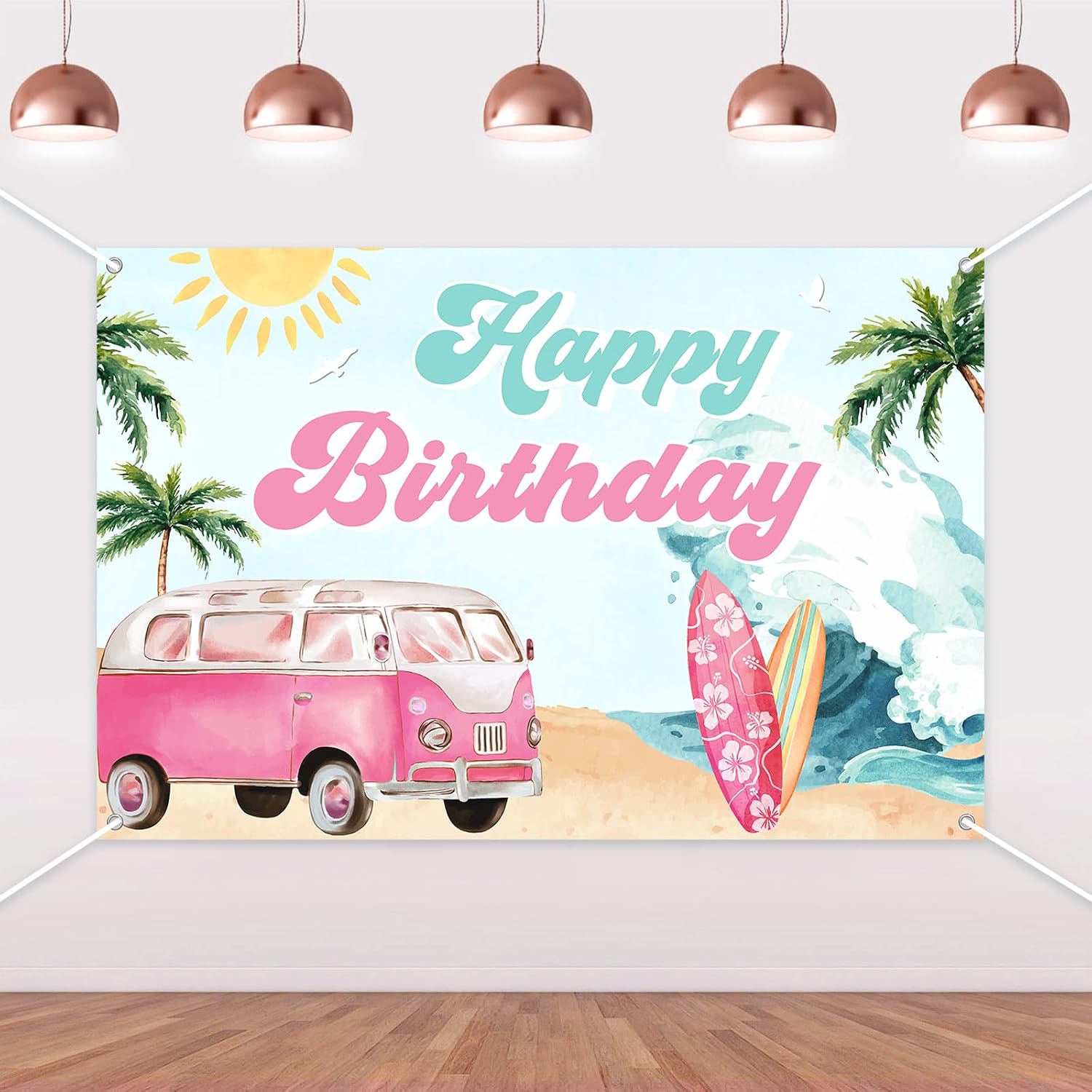 Surf Happy Birthday Backdrop - Summer Surfing Birthday Party Decorations for Girls, Surf Van Surfboard Palm Tree Beach Hawaiian Theme Photography Background 5x3ft, Swimming Pool Party Supplies