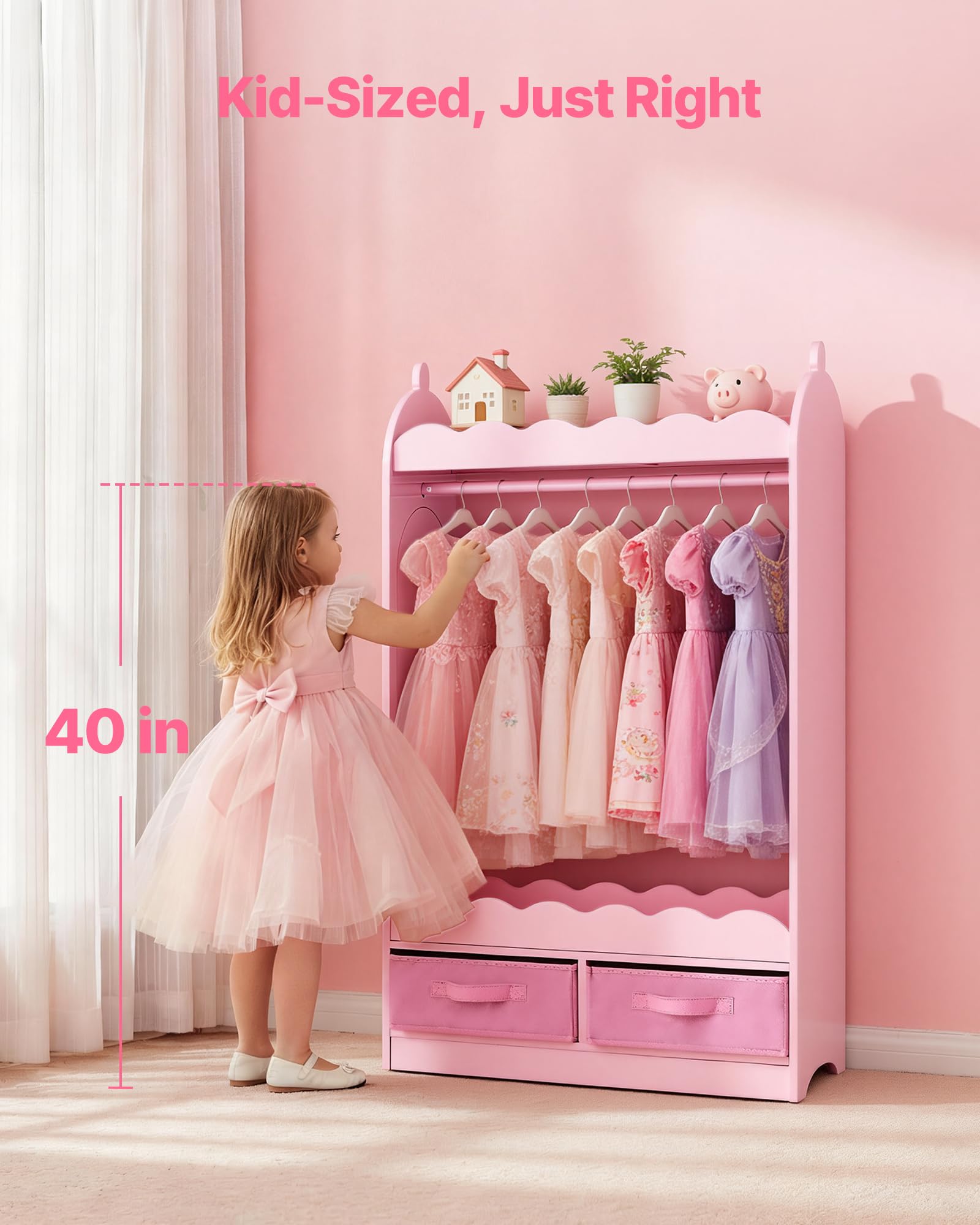 VEVOR Armario de Disfraces para Niños con Espejo, Perchero Infantil con Cajones, Organizador de Ropa, Mueble de Madera Estilo Cuento de Hadas con Barra y Compartimentos para Dormitorio, Juegos, Rosa