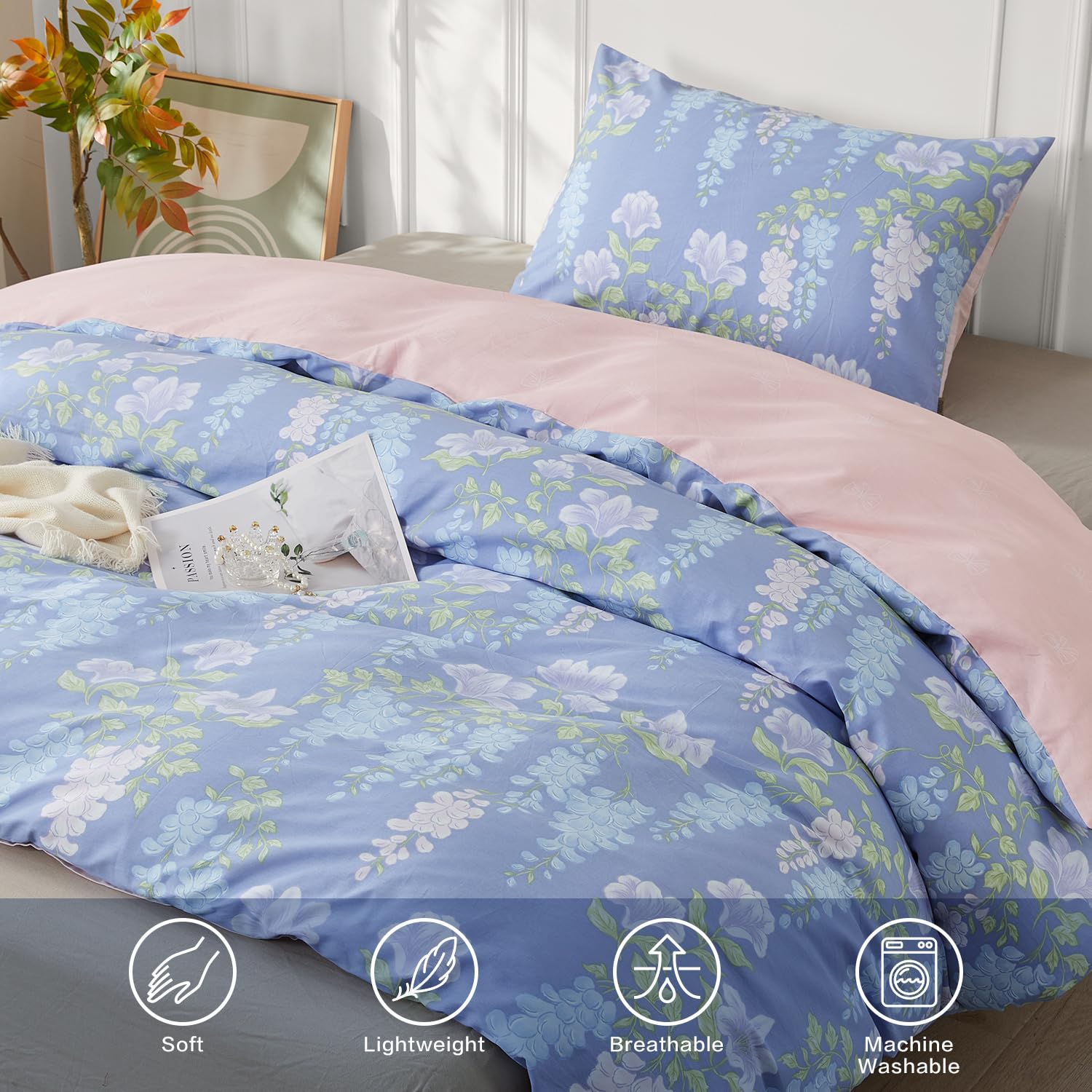 SAPHREAS Purple Duvet Cover Set 100% Cotton Single Size 2 Pieces Bedding Comforter Wisteria Pattern Duvet Cover Set 1 Duvet Cover 1 Pillow Sham(No Comforter) - Image 4