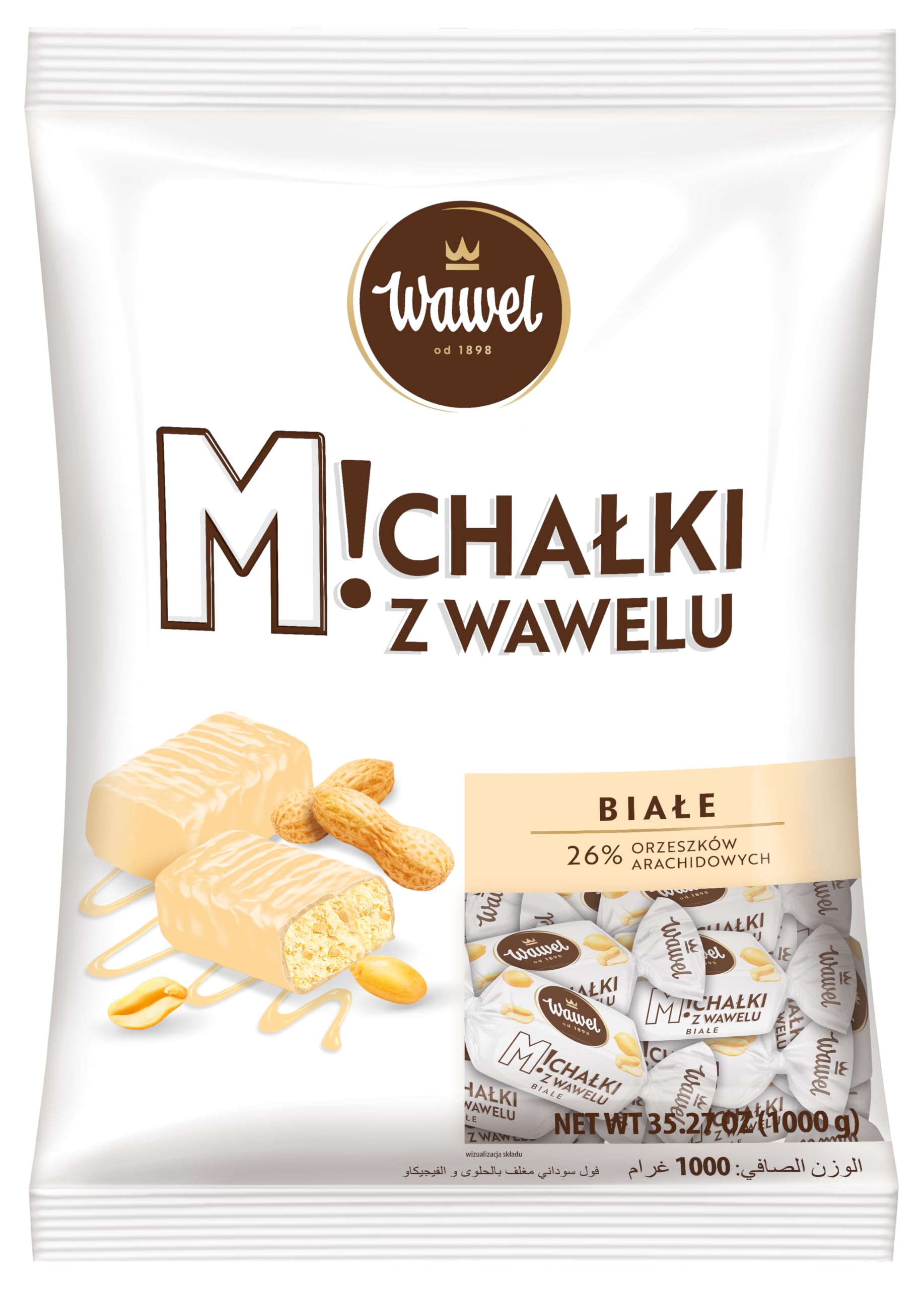 Wawel Michałki Białe z Wawelu Cukierki z orzeszkami arachidowymi w białej polewie 26% orzeszków 1kg 1000g