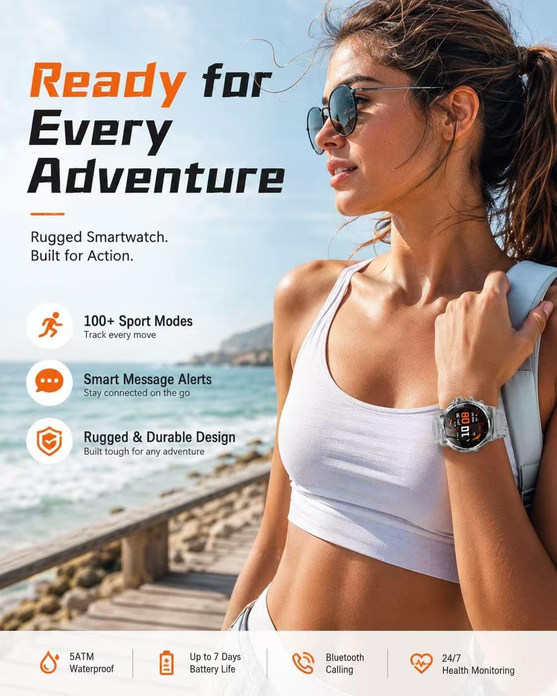 Sports Smartwatch for Men with Flashlight, Bluetooth Calling, 1.8” Round Display, IP68 Waterproof Fitness Tracker, 800mAh Long Battery, Heart Rate Tracking, Magnetic Charging (Black Metallic)