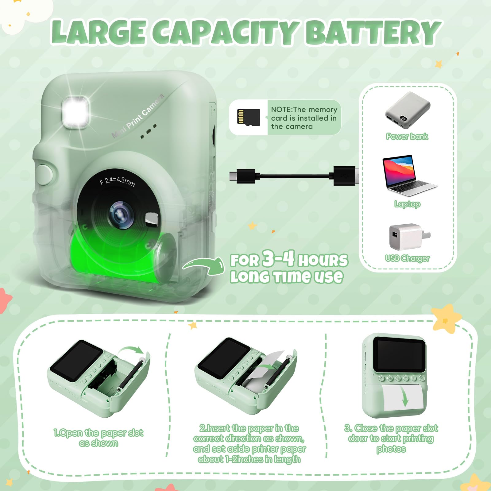 CalineGam Camara Fotos Infantil Instantanea, 3,0'' Pantalla HD 48MP Cámara Instantánea Niños con Tarjeta de 32 GB, 1080P Camara Infantil Digital Niños, Regalo para Niños y Niñas 3 a 12 Años (Verde)