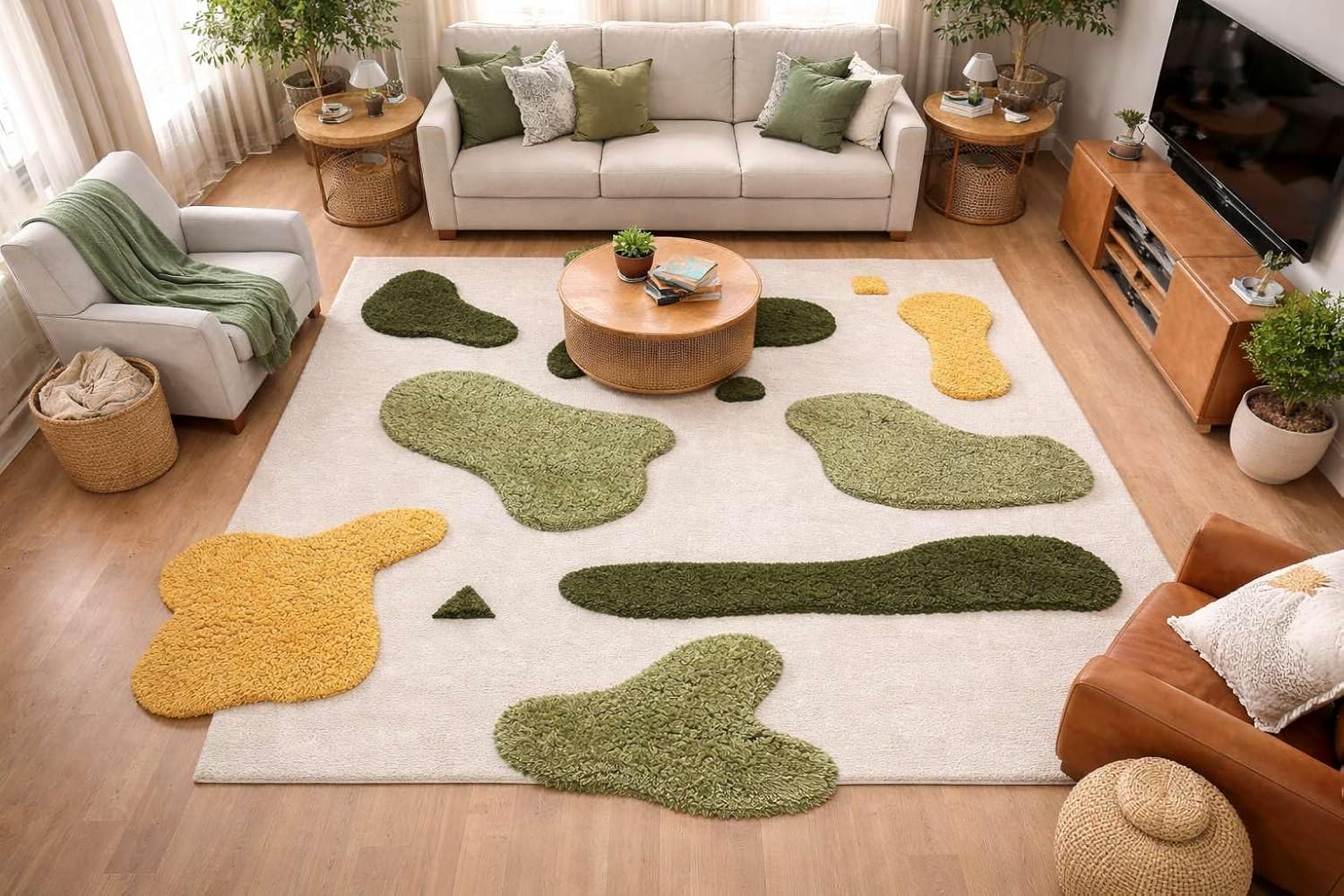 Hand Tufted New Zealand Wool Area Rug Abstract Organic Pattern Neutral Ivory Green Yellow Decorative Floor Carpet Modern Living Room Bedroom Contemporary Interior Accent - (8" x 8")