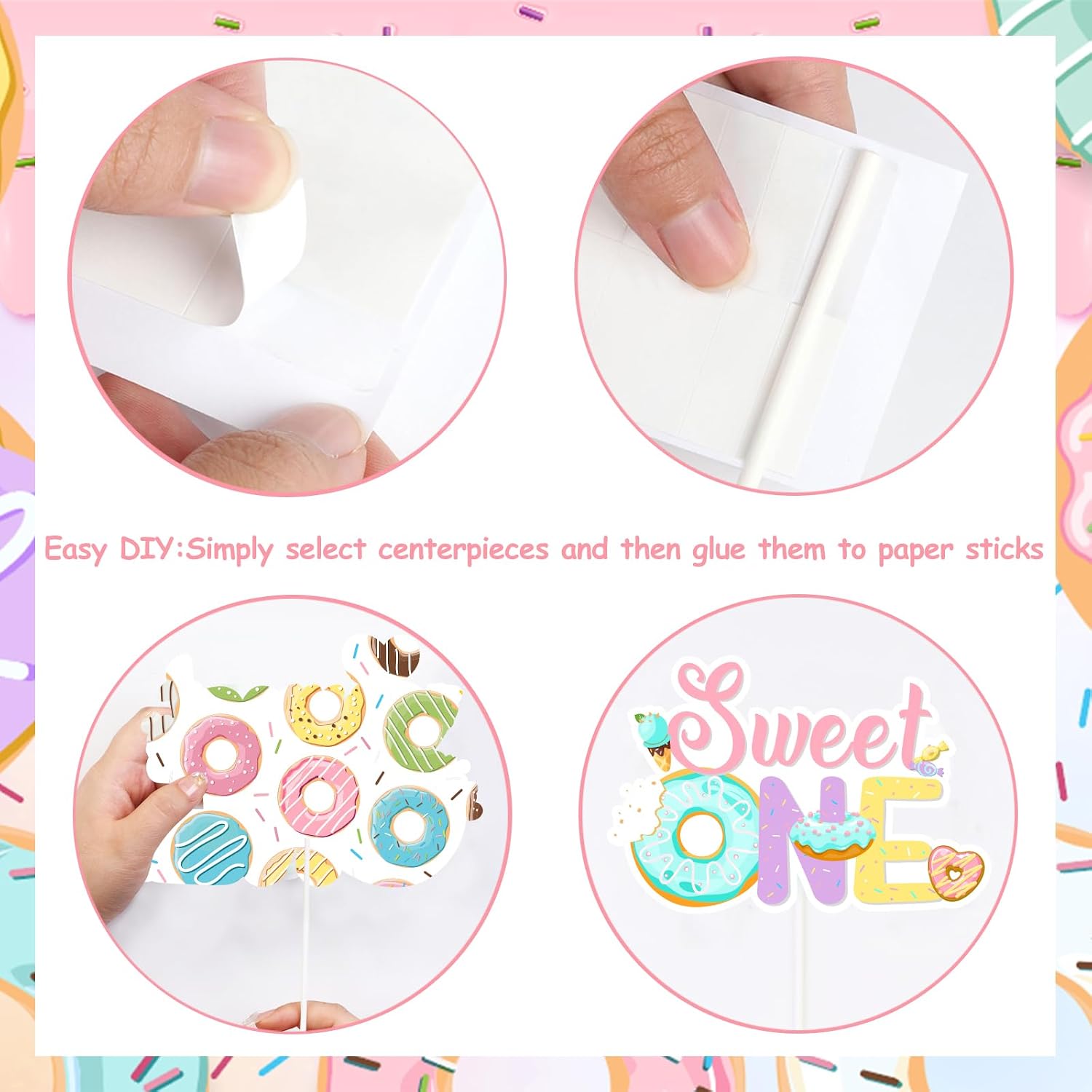 24 Pieces Donut 1st Birthday Centerpiece Sticks for Girl - Sweet One Party Decorations, Doughnut Theme Happy One Year Old Bday Table Toppers