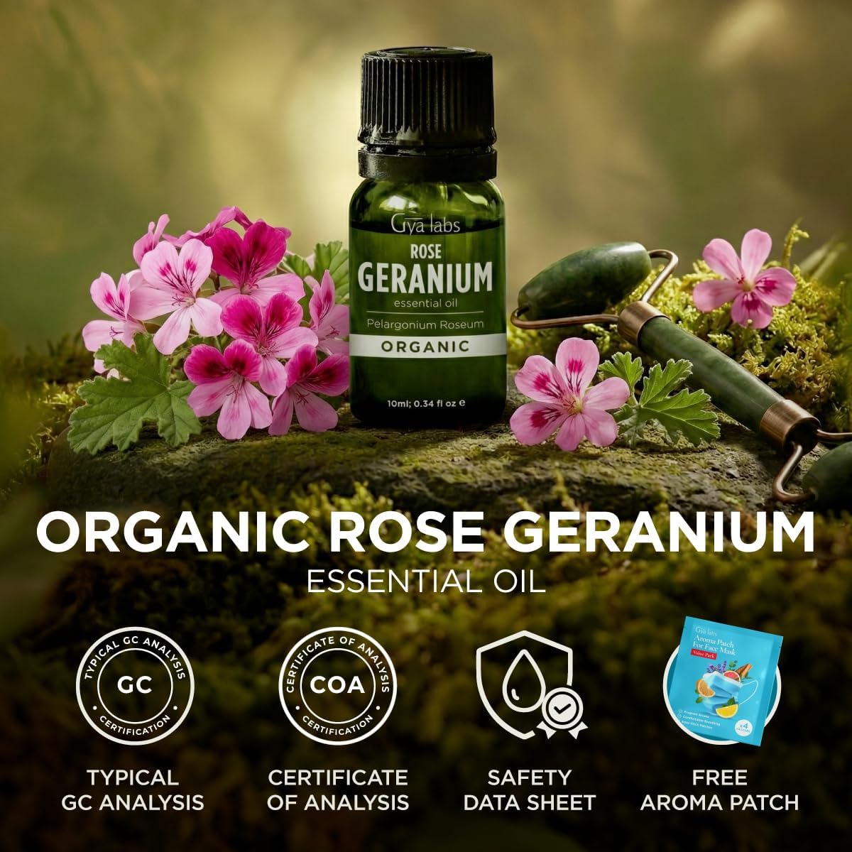 Gya Labs Organic Rose Geranium Essential Oil - 0.34 Fl Oz - for Skin, Hair, Diffuser, Aromatherapy, DIY Candle Making Scents