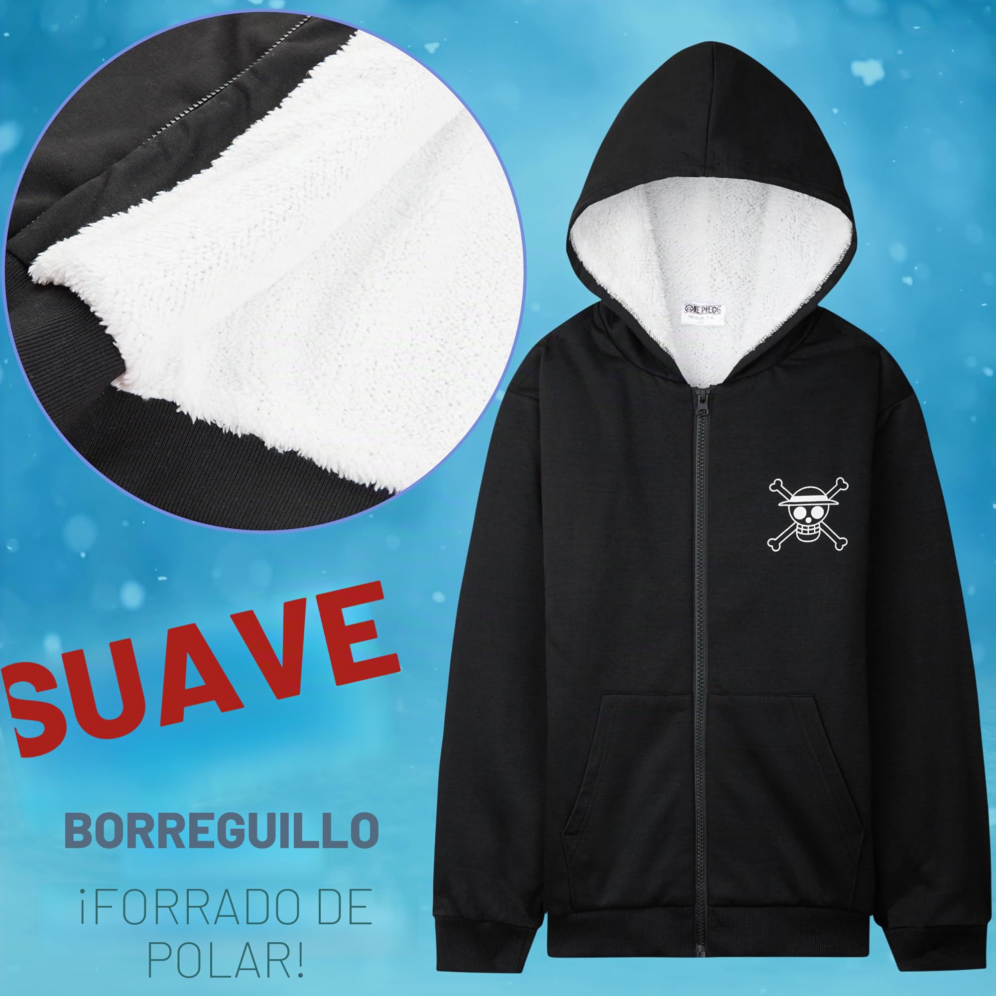 One Piece Sudadera Cremallera Niño y Chico con Bolsillos, Chaqueta Forro Sherpa con Capucha, 9-16 Años, Regalos de Anime