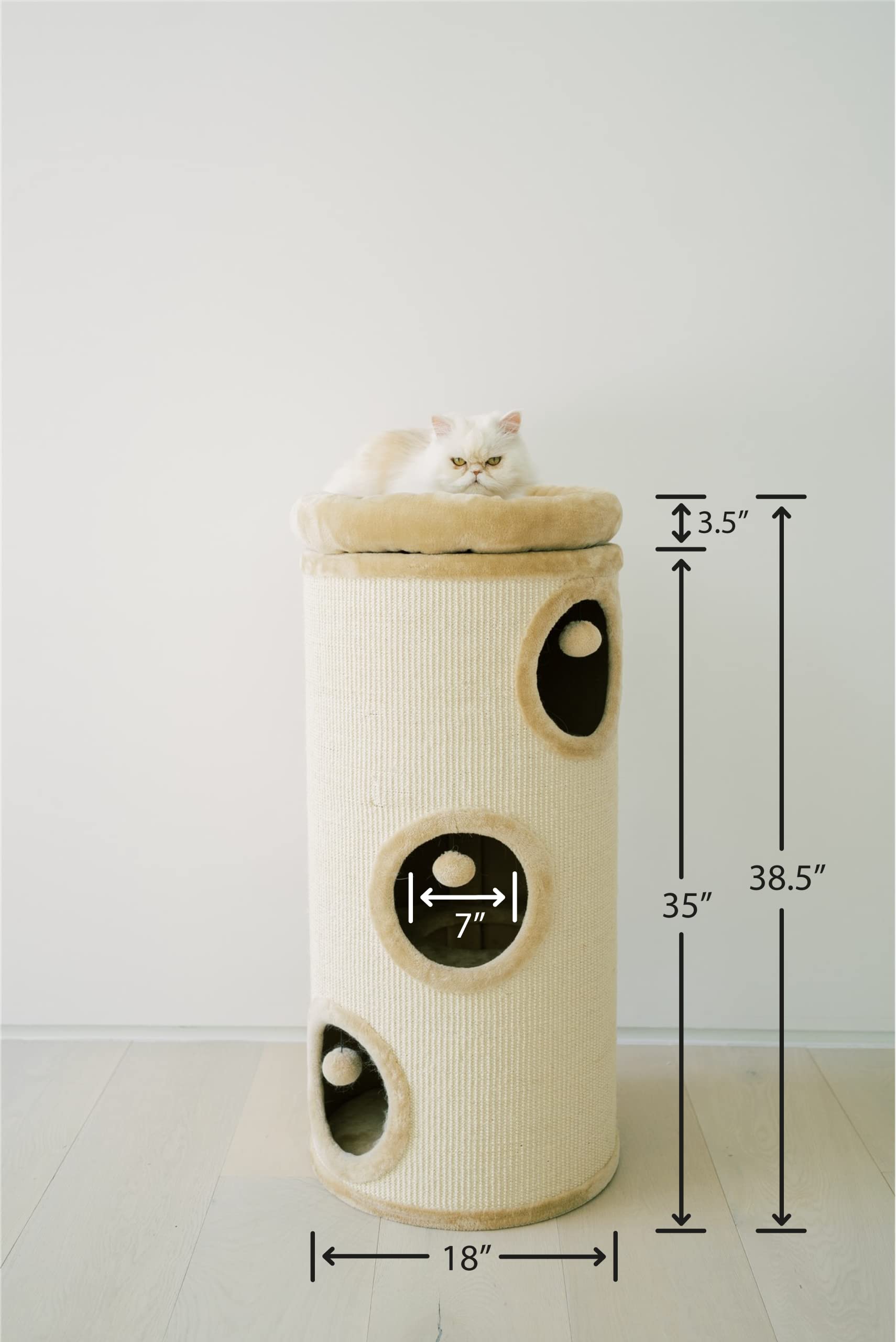 PAWMONA 38.5" 3 Story Cat Tree Condo Barrel Tower Natural Sisal