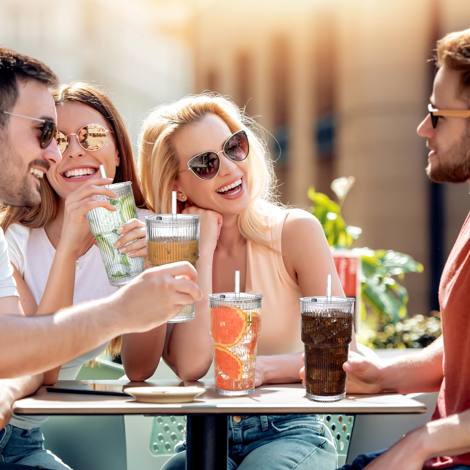 AUFXKOO 0oz Ribbed Glass Cups with Lids and Straws,2PCS Glass Tumbler with Straw and Lid,Drinking Glasses for Iced Coffee Cups,Juice,Smoothies