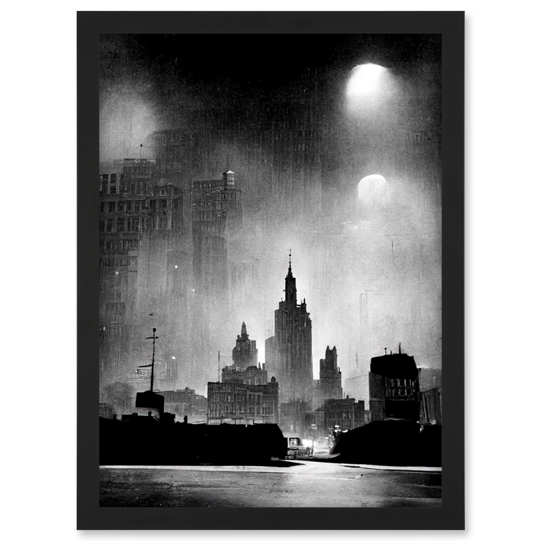 Doppelganger33 LTD 1950s Black And White New York Rainy Mist Cityscape Artwork Framed Wall Art Print A4