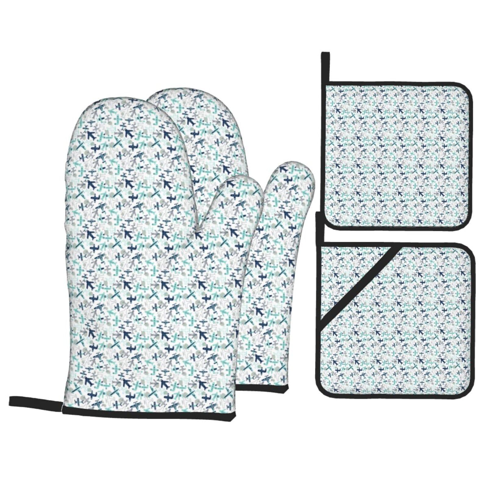 Airplane Print Stylish Heat-Resistant Oven 4-Piece Set Kitchen Gloves Roasting Daily Cooking