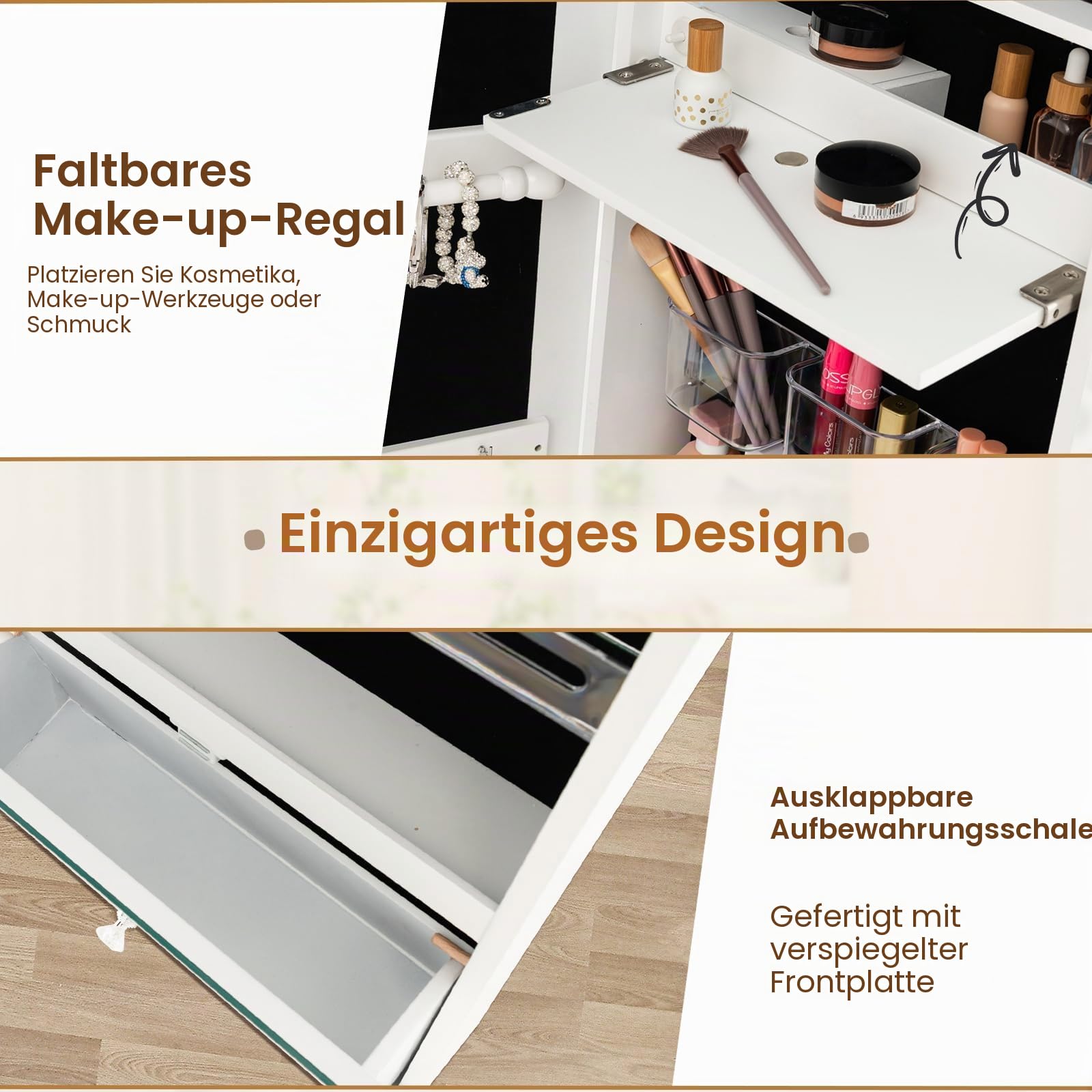 HOMASIS Hängeschrank für Schmuck, Schmuckschrank mit Spiegel und Schloss mit LED-Beleuchtung, 3 Farben, Schminkschrank mit klappbarem Regal, Wandschrank, 120 x 37 x 11 cm, Weiß