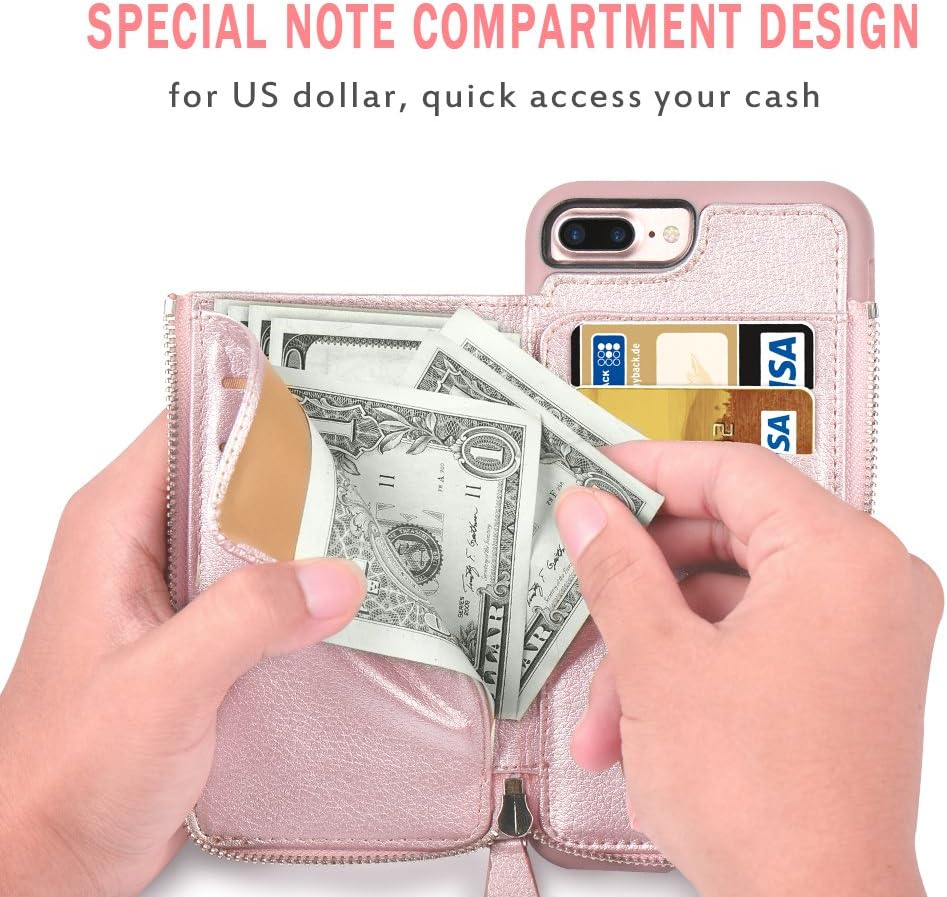 LAMEEKU iPhone 7 Plus Zipper Wallet Case, iPhone 8 Plus Leather Case, Apple 7 Plus Credit Card Holder Slot case with Money Pocket, Protective Cover Compatible for Apple iPhone 7 Plus/8 Plus-Rose Gold