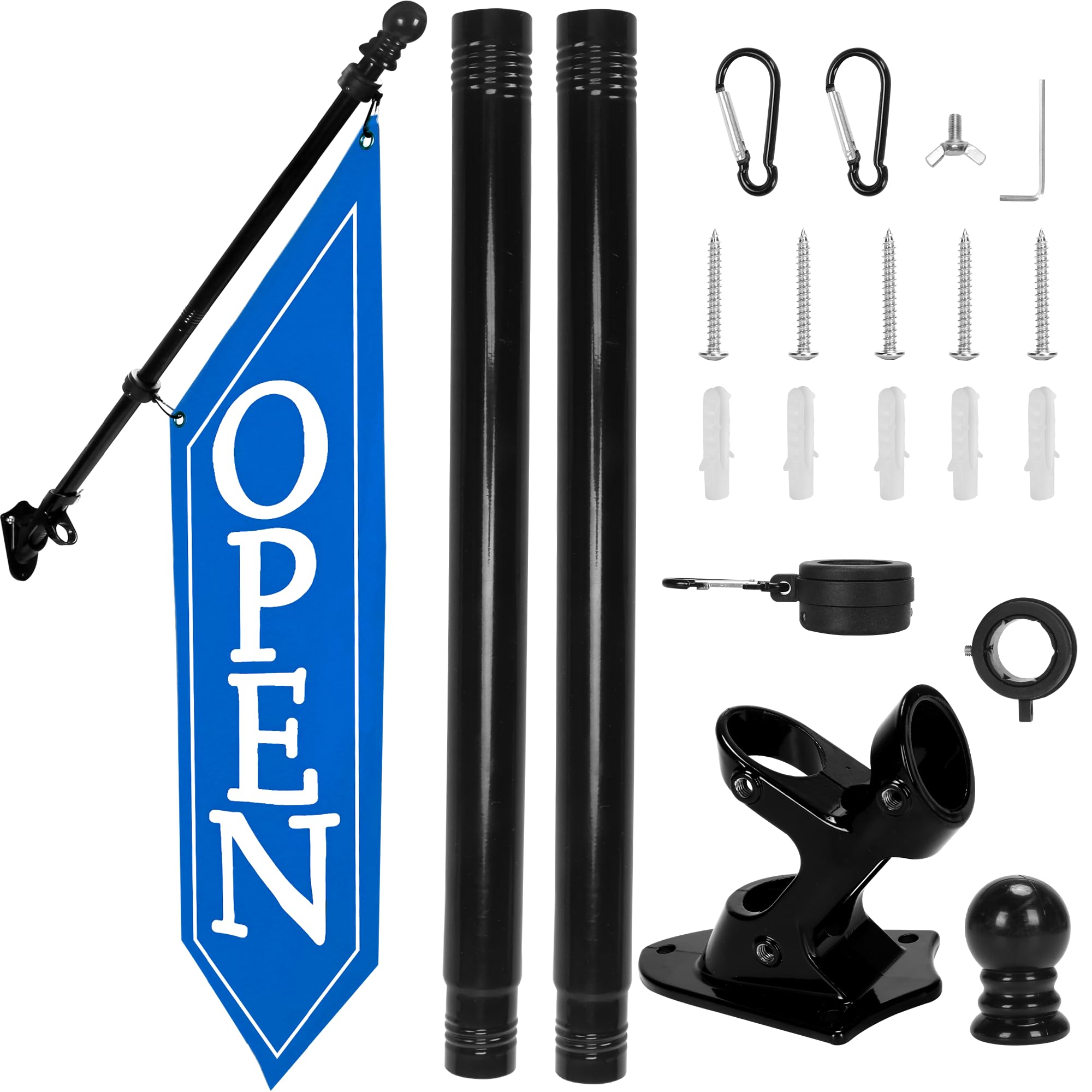 OPEN Flag with Pole Kit - Heavy Duty Canvas Open Banner for Business Storefront, 42x12 Inch Outdoor Double-Sided Sign with Bracket - Advertising Signage for Retail & Shops (Blue)