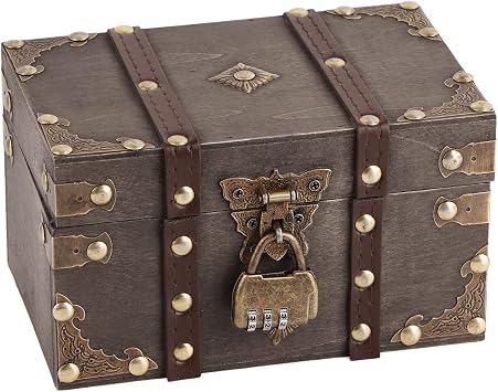 Vintage Wooden Treasure Chest Box with Lock, Small Rectangle Antique Wood Storage Jewelry Boxes European Decorative Handmade Case Holder Organizer Trinket Keepsake for Home Bedroom Decor Grey