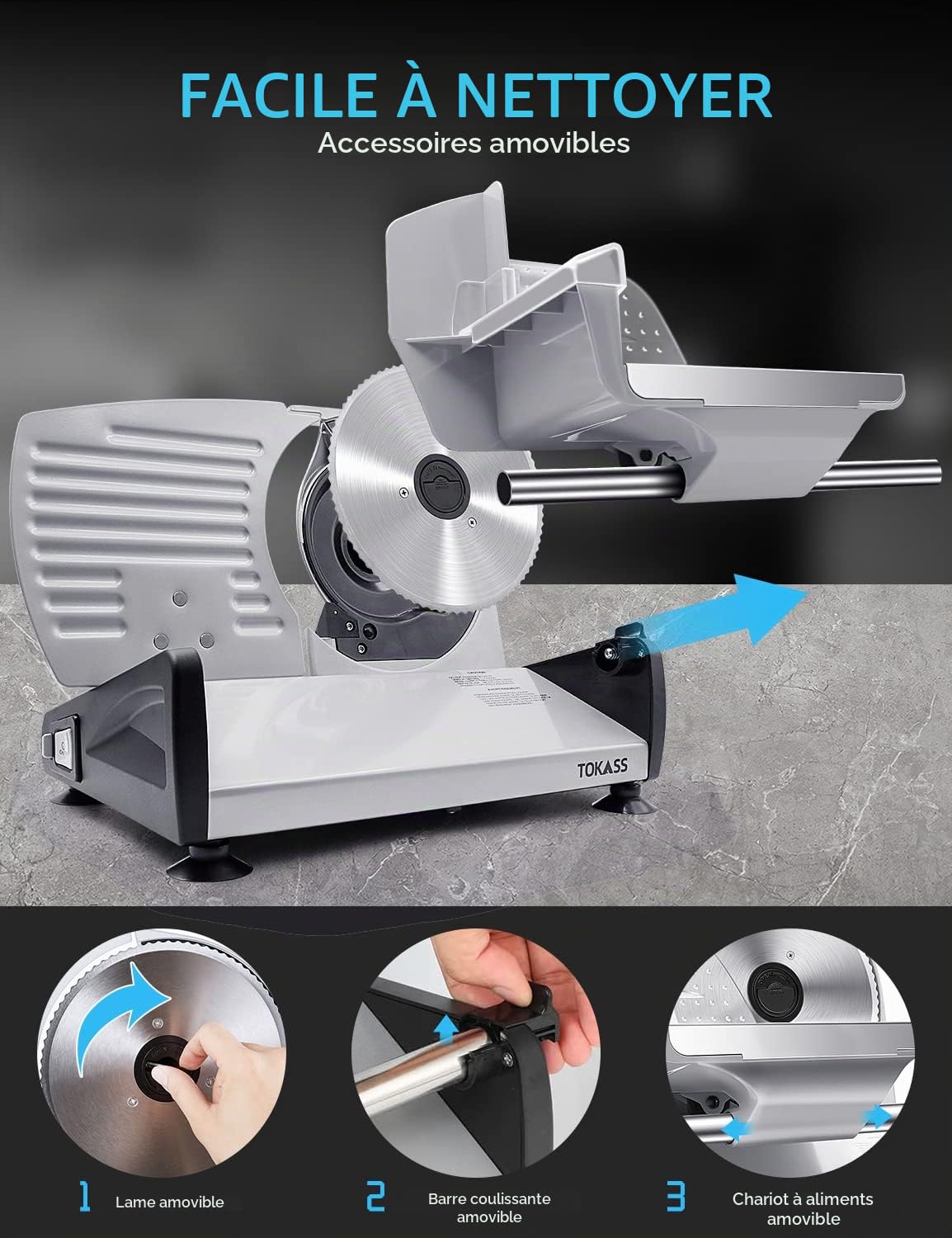Trancheuse Électrique 200W Moteur DC Silencieux, 2 Lames Inox 19cm Amovibles, Épaisseur Réglable 0-15mm, Multifonction pour Jambon Viande Pain Fromage Légumes