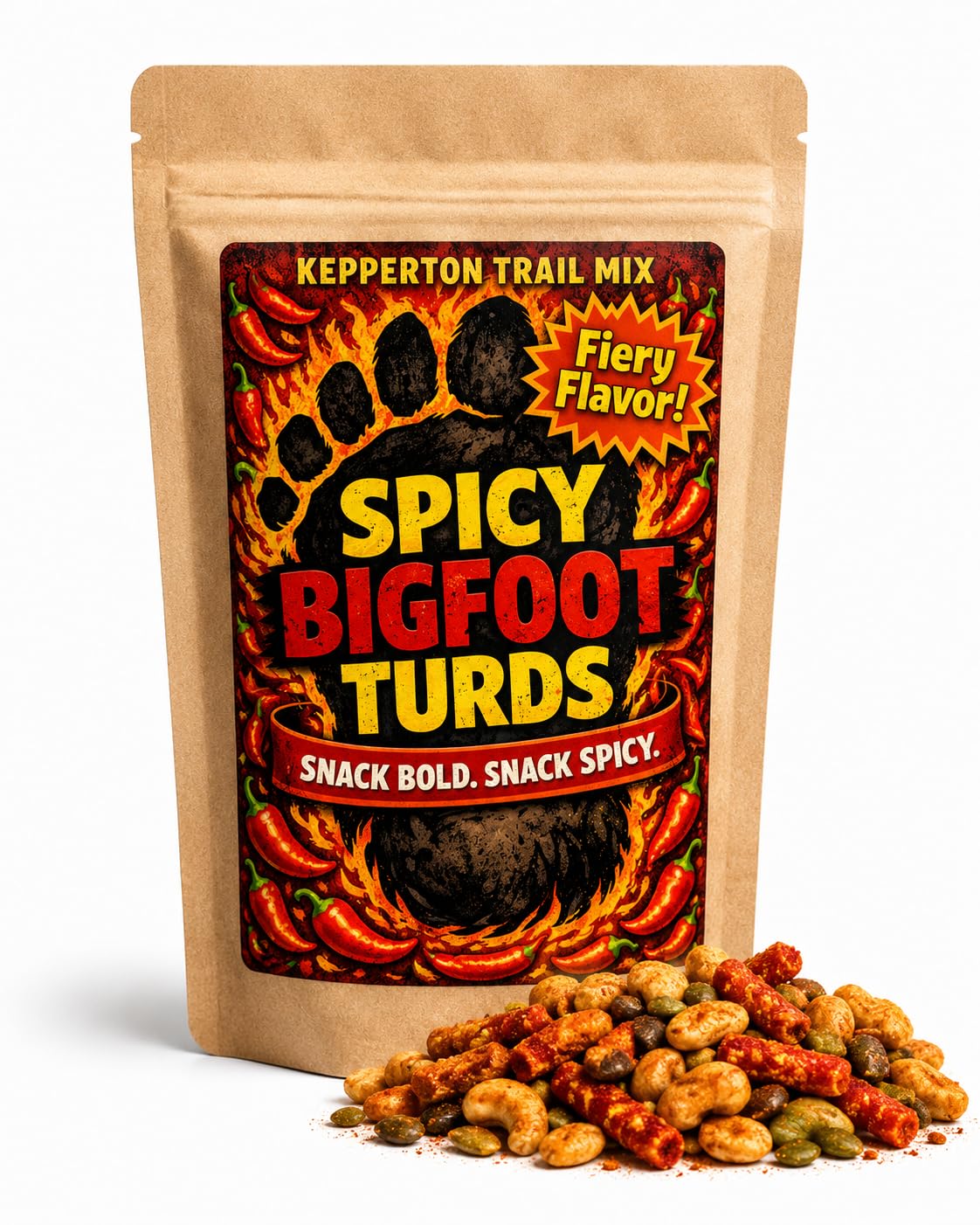 Kepperton Spicy Bigfoot Turds Spicy Trail Mix - Bold Chili-Speckled Snack Mix with Peanuts, Pepitas, Red Hot Churritos, and Cashew Pieces in a Giftable Brown Kraft Pouch