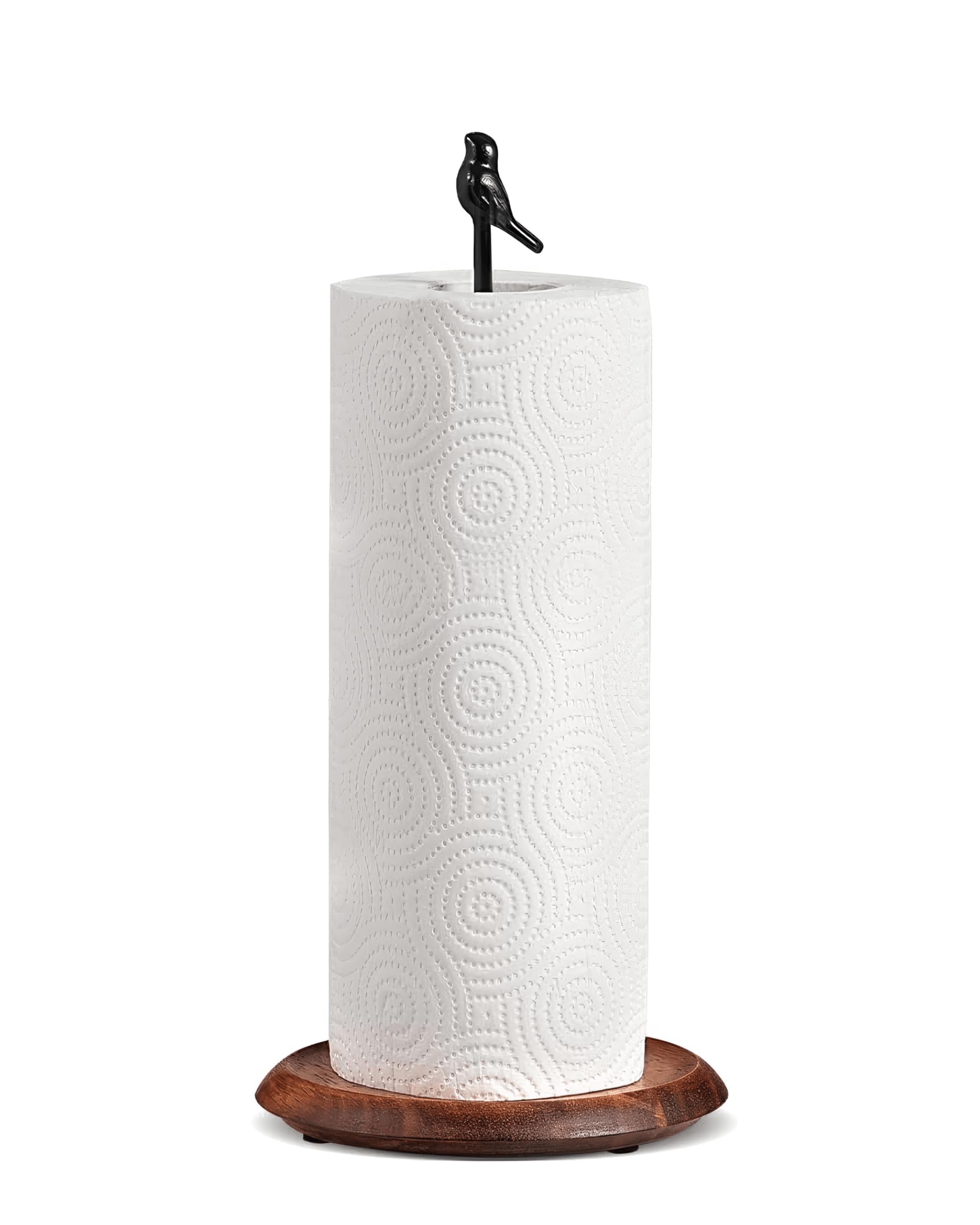 Küchenrollenhalter Holz im Landhausstil | Stehender Halter für Küchenrolle mit Vogel-Dekor | Küchenpapierhalter Schwarz für Arbeitsplatte