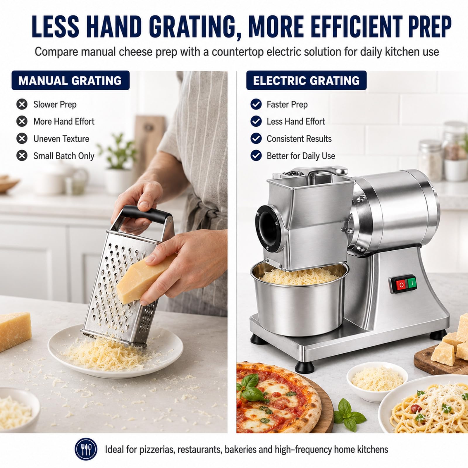 Gleichmäßigere Käseraspel, Käsereibe Elektrisch 550W, 40 kg/h, leicht zu reinigender Trichter, für Pasta, Pizza, Salate, Gratin in Gastronomie und Bäckerei