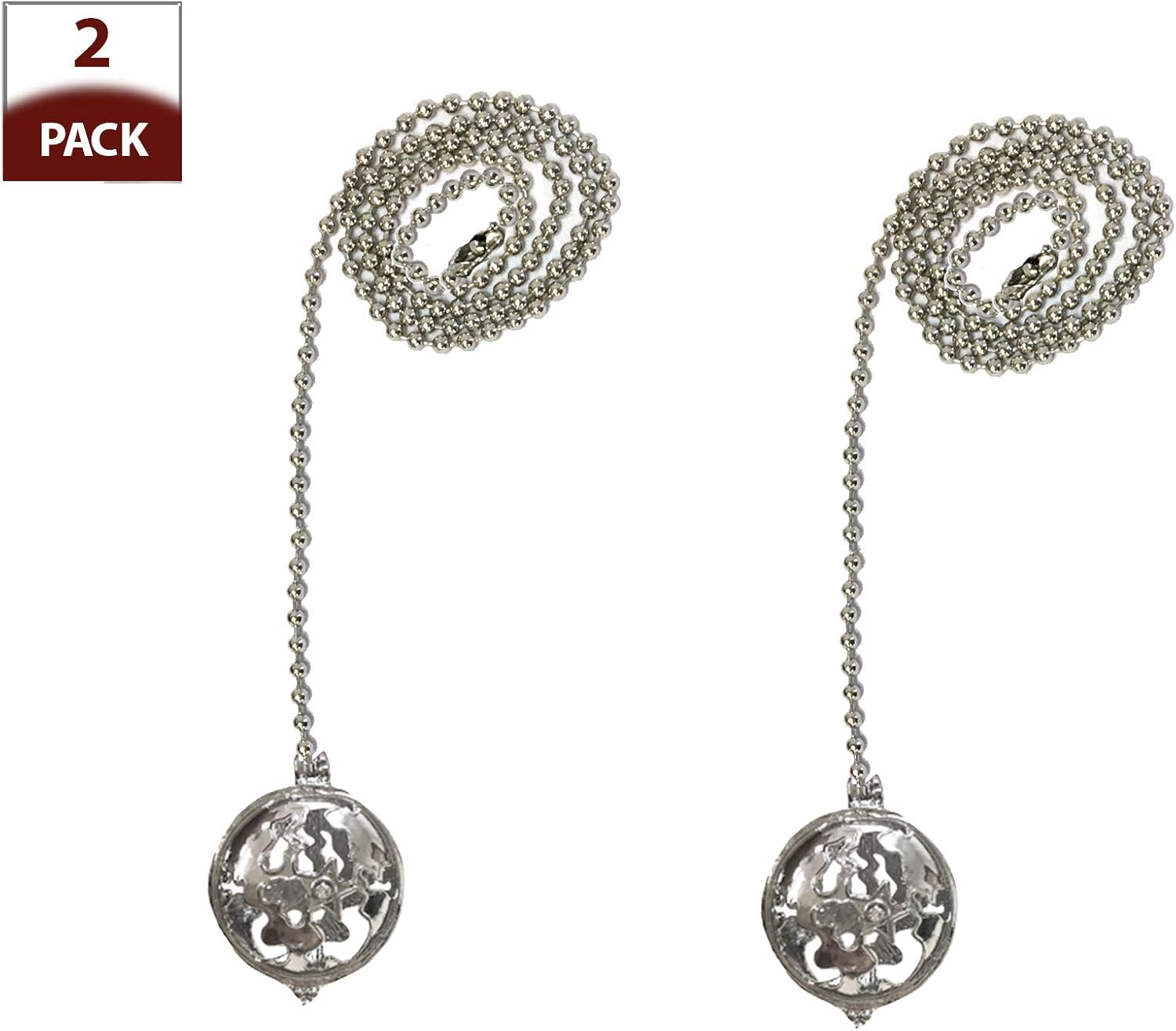 Royal Designs, Inc. FP-1026-CH-2 Adjustable Ceiling Fan Pull Chain Extension with Refracted Filigree Ornament, 24 inch, Chrome, 2-Pack