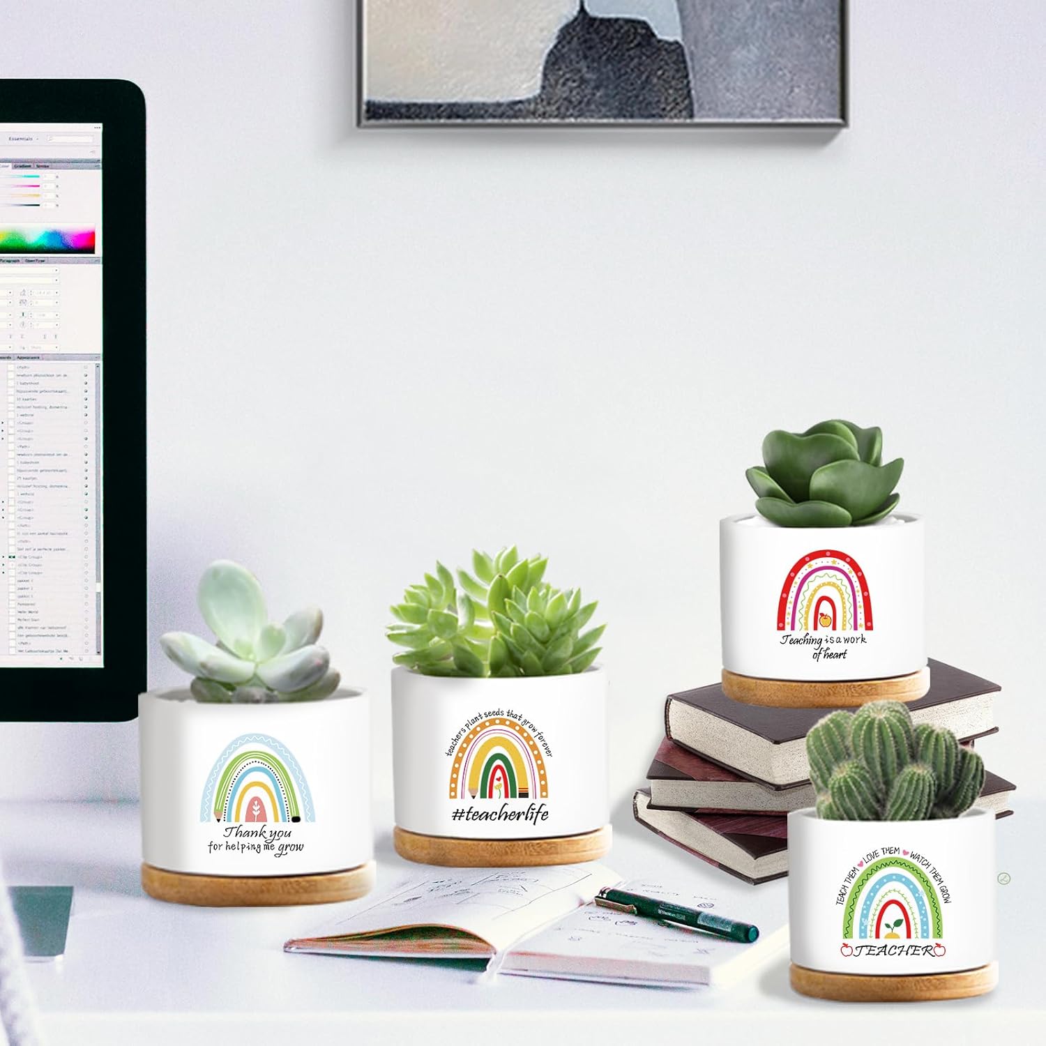 4 Pcs Thank You Gift Teacher Appreciation Gifts Funny Ceramic Succulent Plant Pot Thank You Gifts for Coworker Employee Teacher Valentines Gift, Plants Not Included (Teacher)